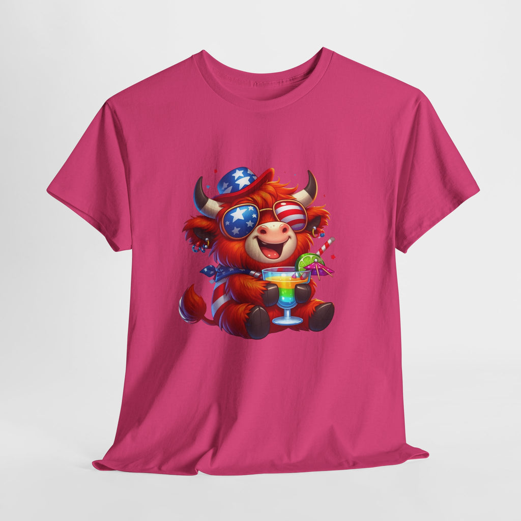 Cow Tee — Cute Patriotic Cow Holding Drink Graphic T‑Shirt