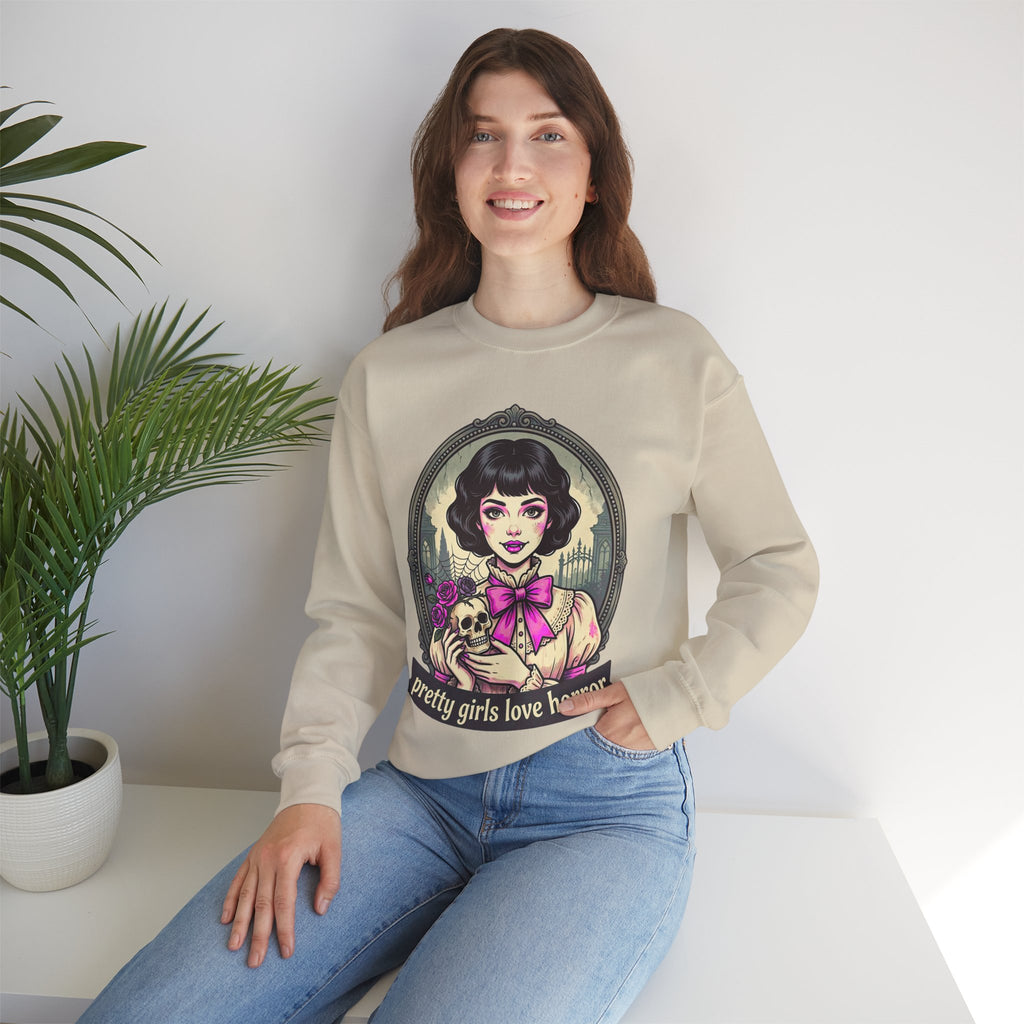 Horror Girl Crewneck Sweatshirt — "Pretty Girls Love Horror" Retro Goth Pullover