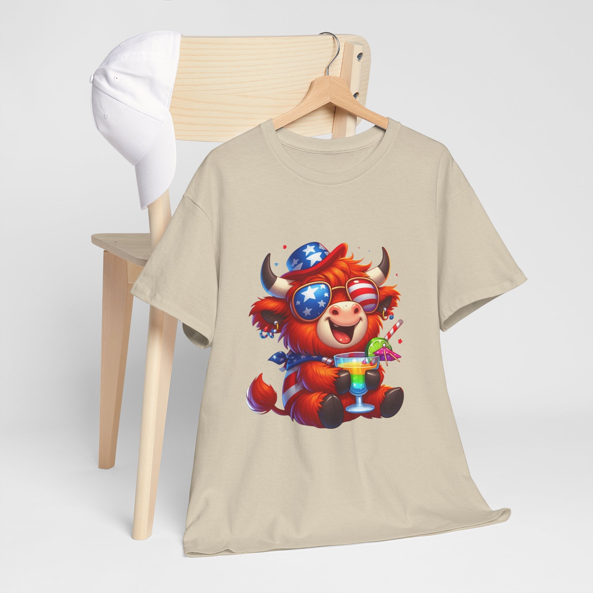 Cow Tee — Cute Patriotic Cow Holding Drink Graphic T‑Shirt