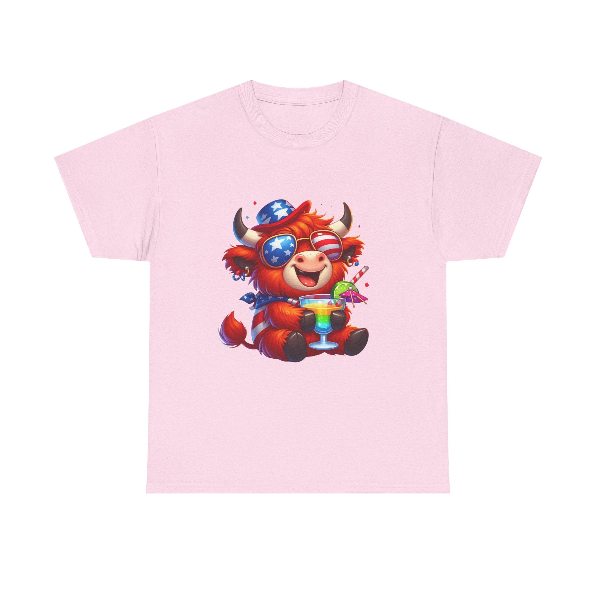 Cow Tee — Cute Patriotic Cow Holding Drink Graphic T‑Shirt