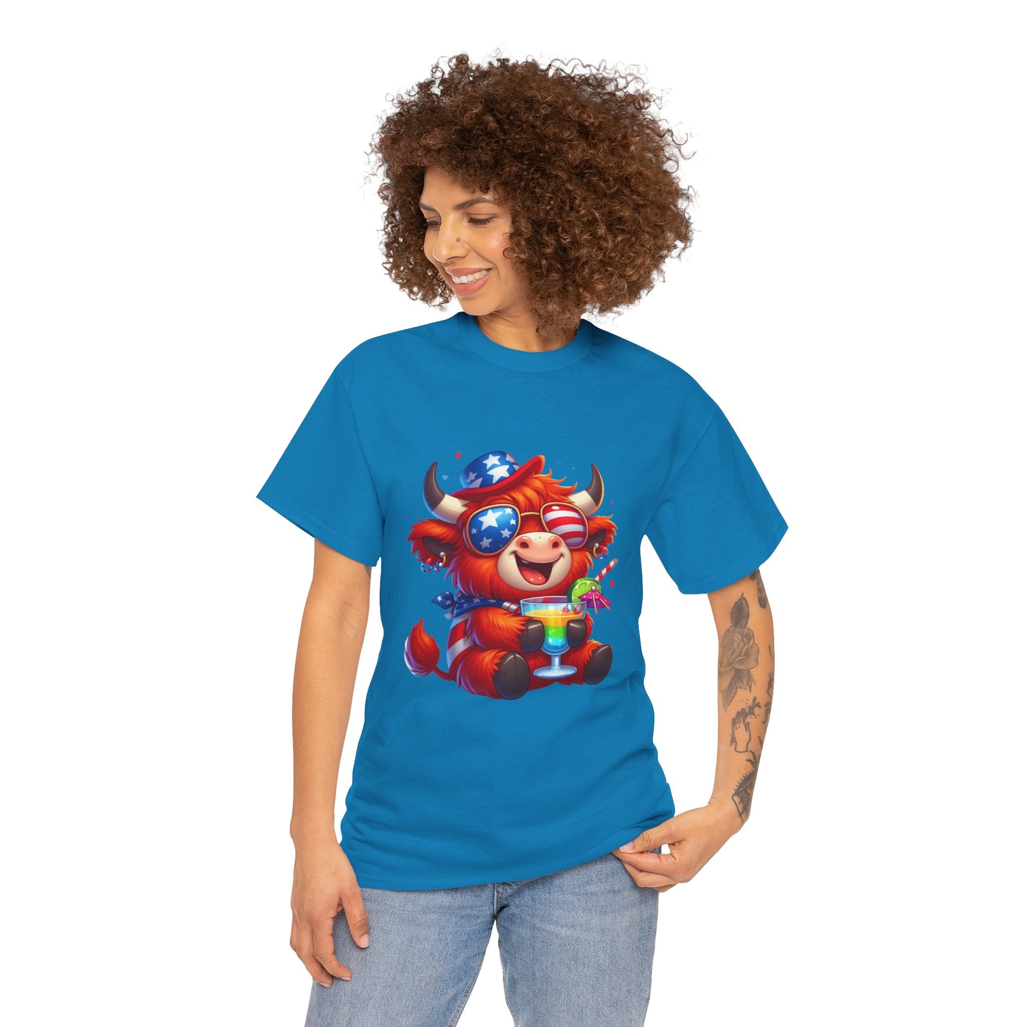Cow Tee — Cute Patriotic Cow Holding Drink Graphic T‑Shirt