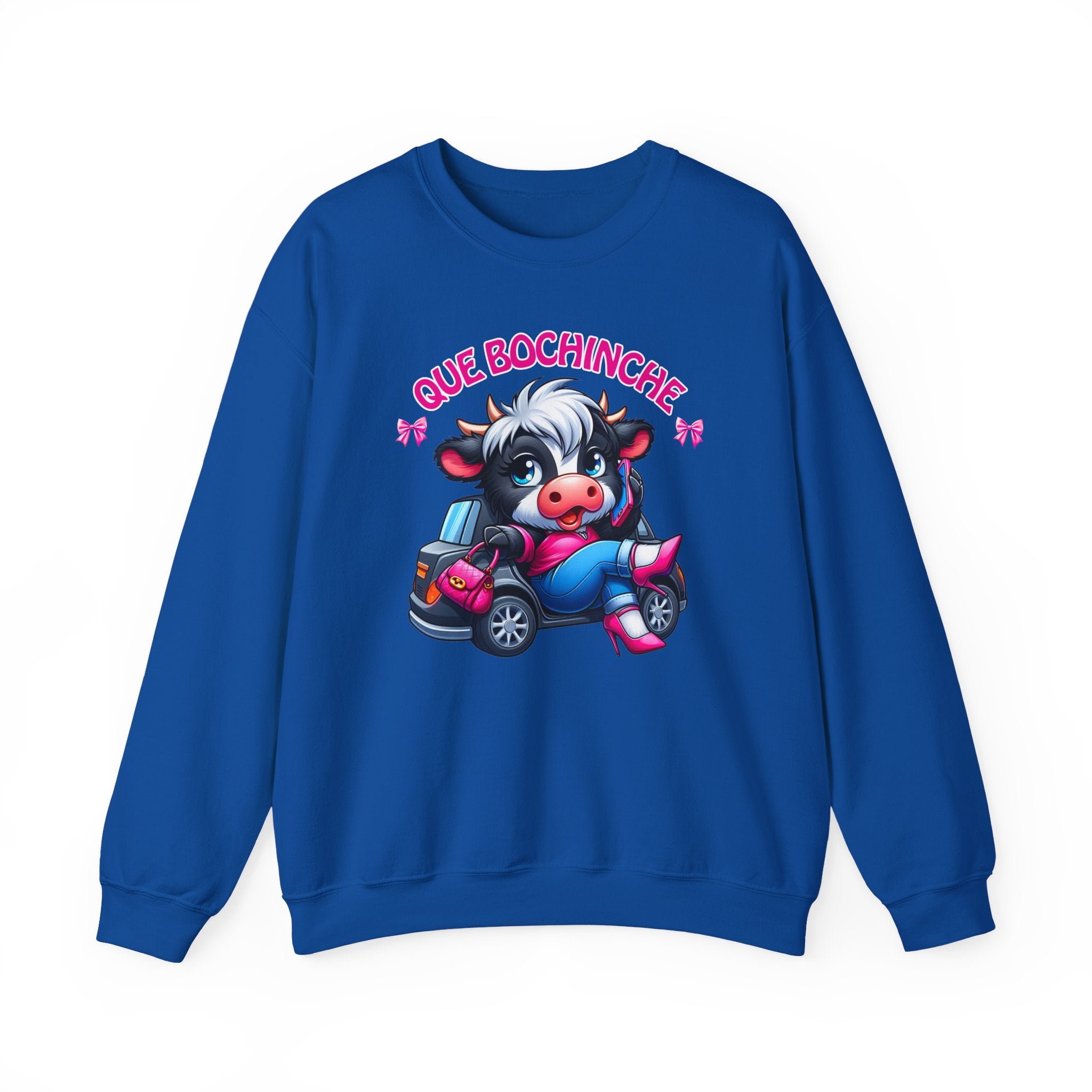 Que Bochincˊe Cow Sweatshirt — Cute Cartoon Cow Driving Graphic Crewneck