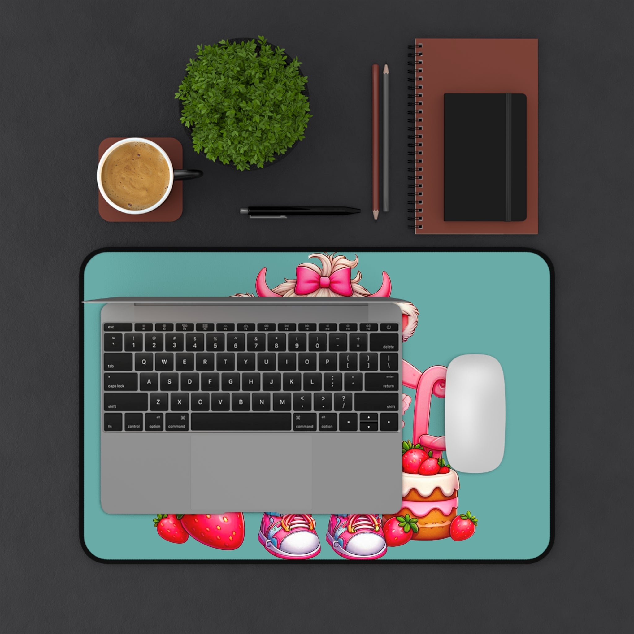 Cute Cow Desk Mat — Pastel Rainbow Cow with Strawberries & Cake