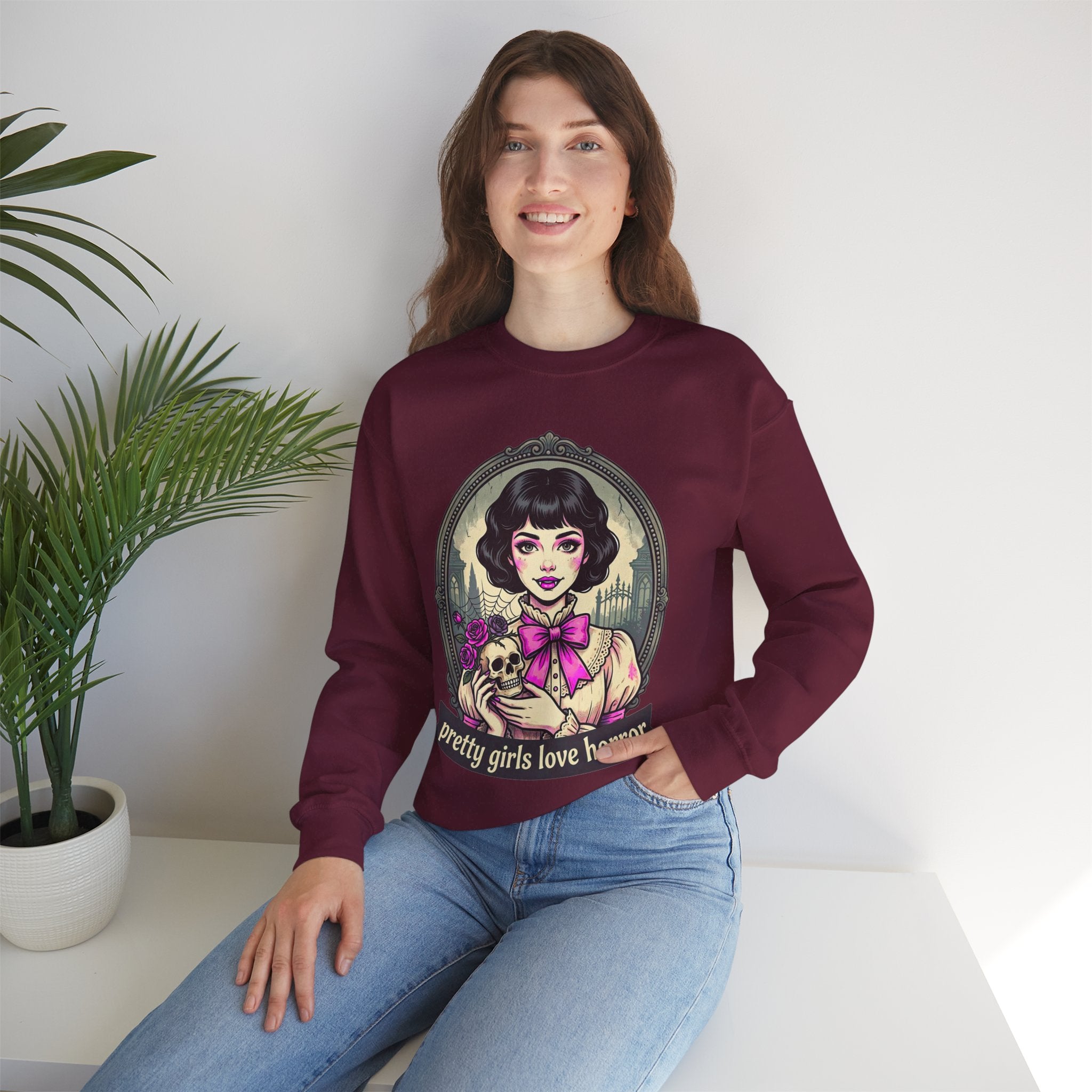 Horror Girl Crewneck Sweatshirt — "Pretty Girls Love Horror" Retro Goth Pullover