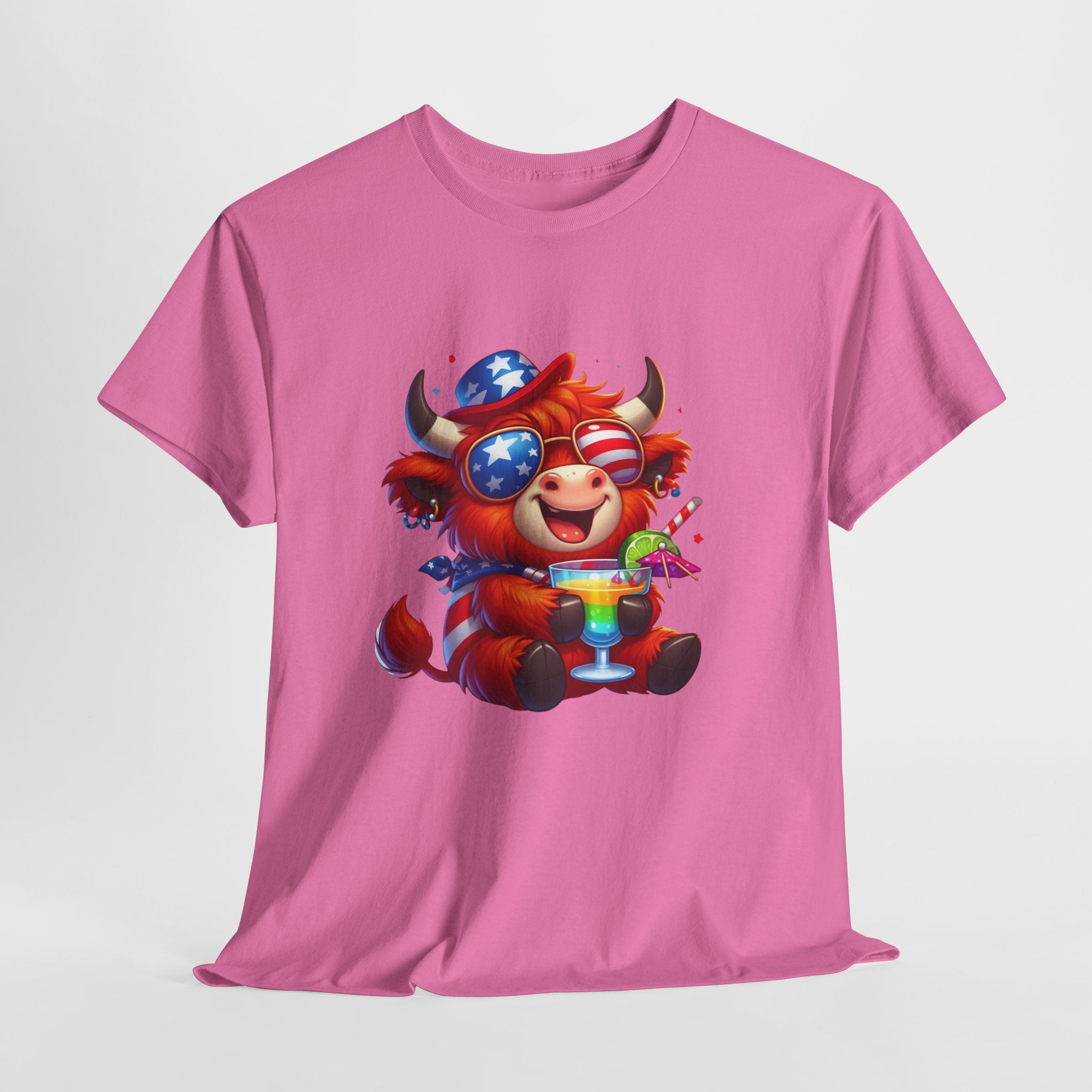 Cow Tee — Cute Patriotic Cow Holding Drink Graphic T‑Shirt
