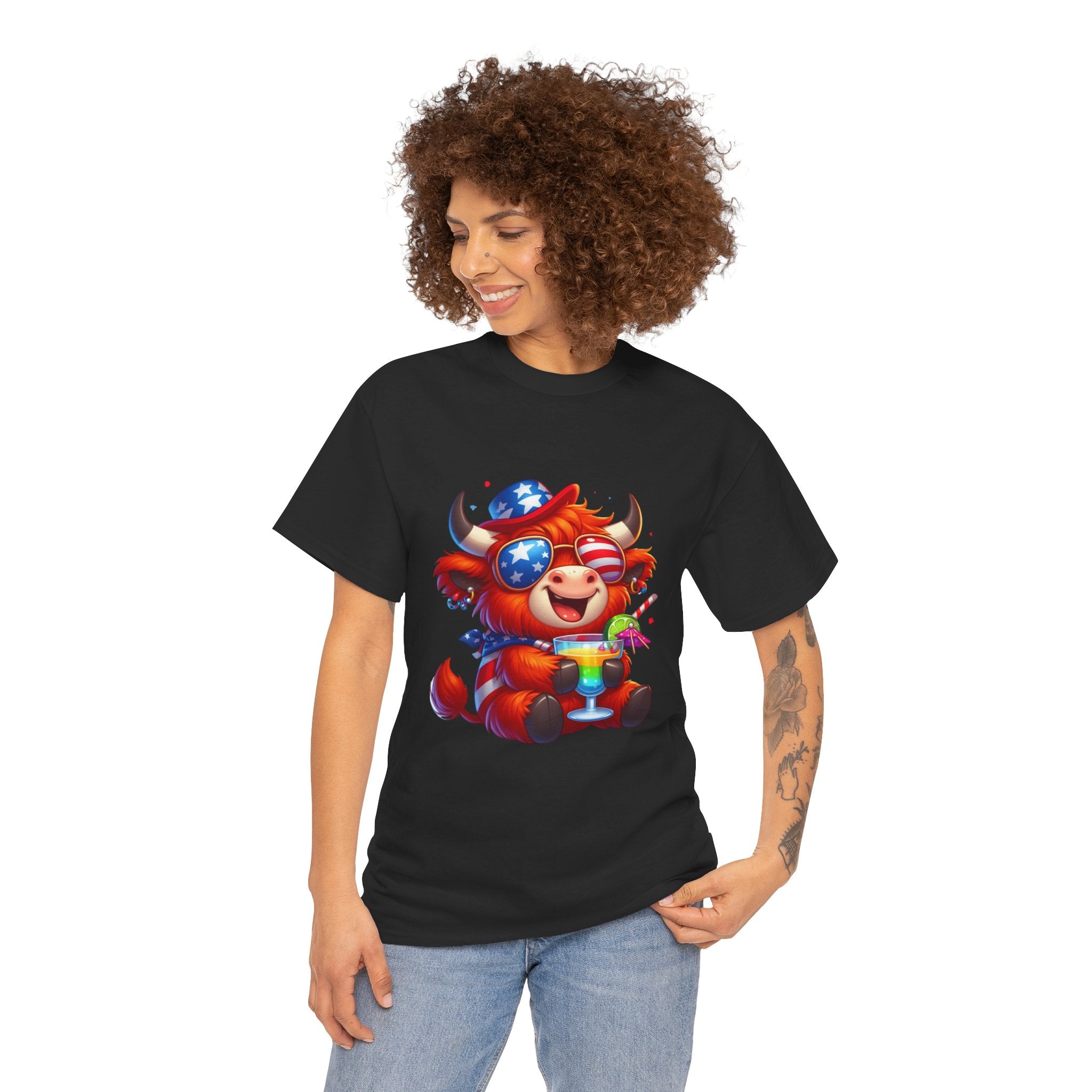 Cow Tee — Cute Patriotic Cow Holding Drink Graphic T‑Shirt