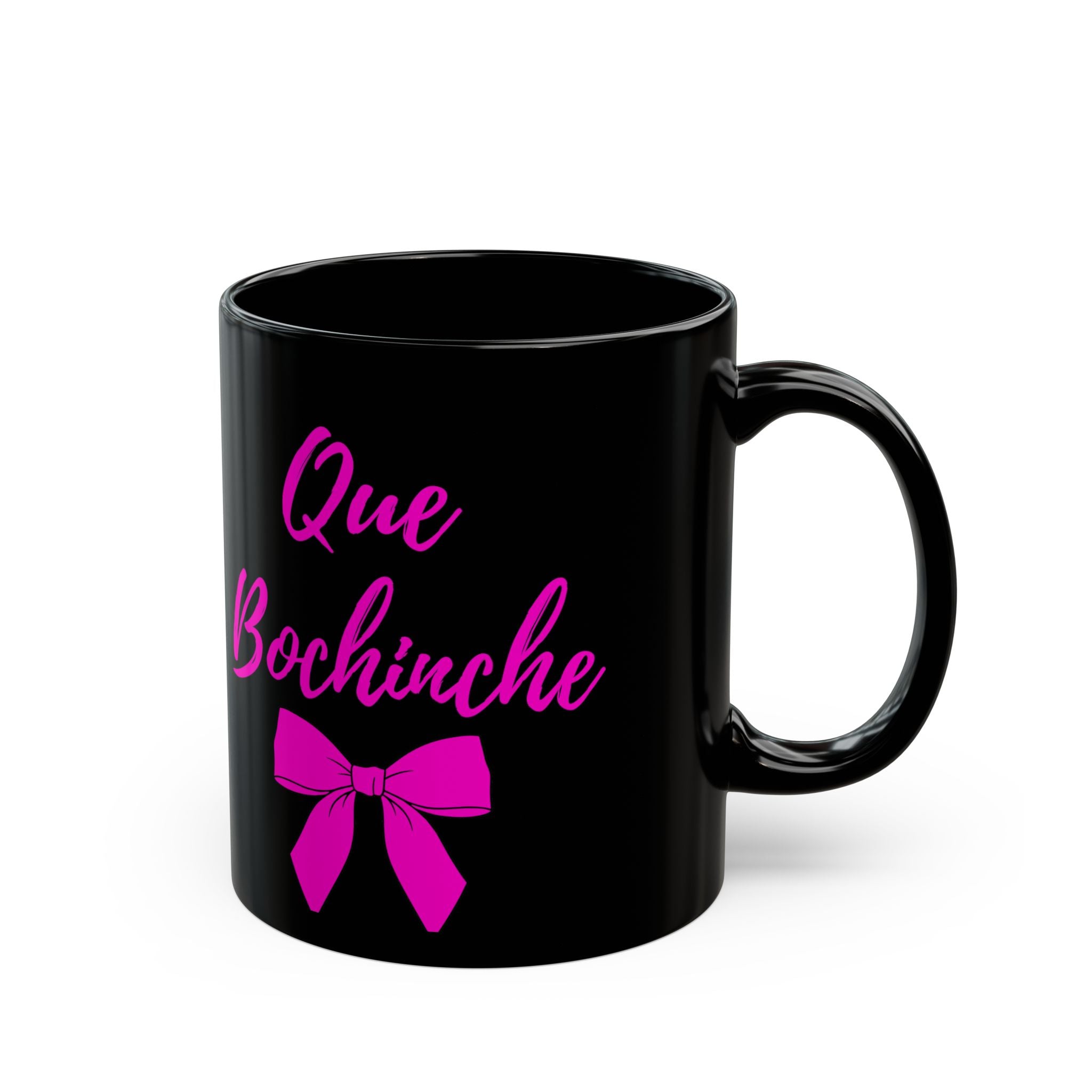 Que Bochínche Mug — Funny Spanish Phrase Coffee Cup with Pink Bow