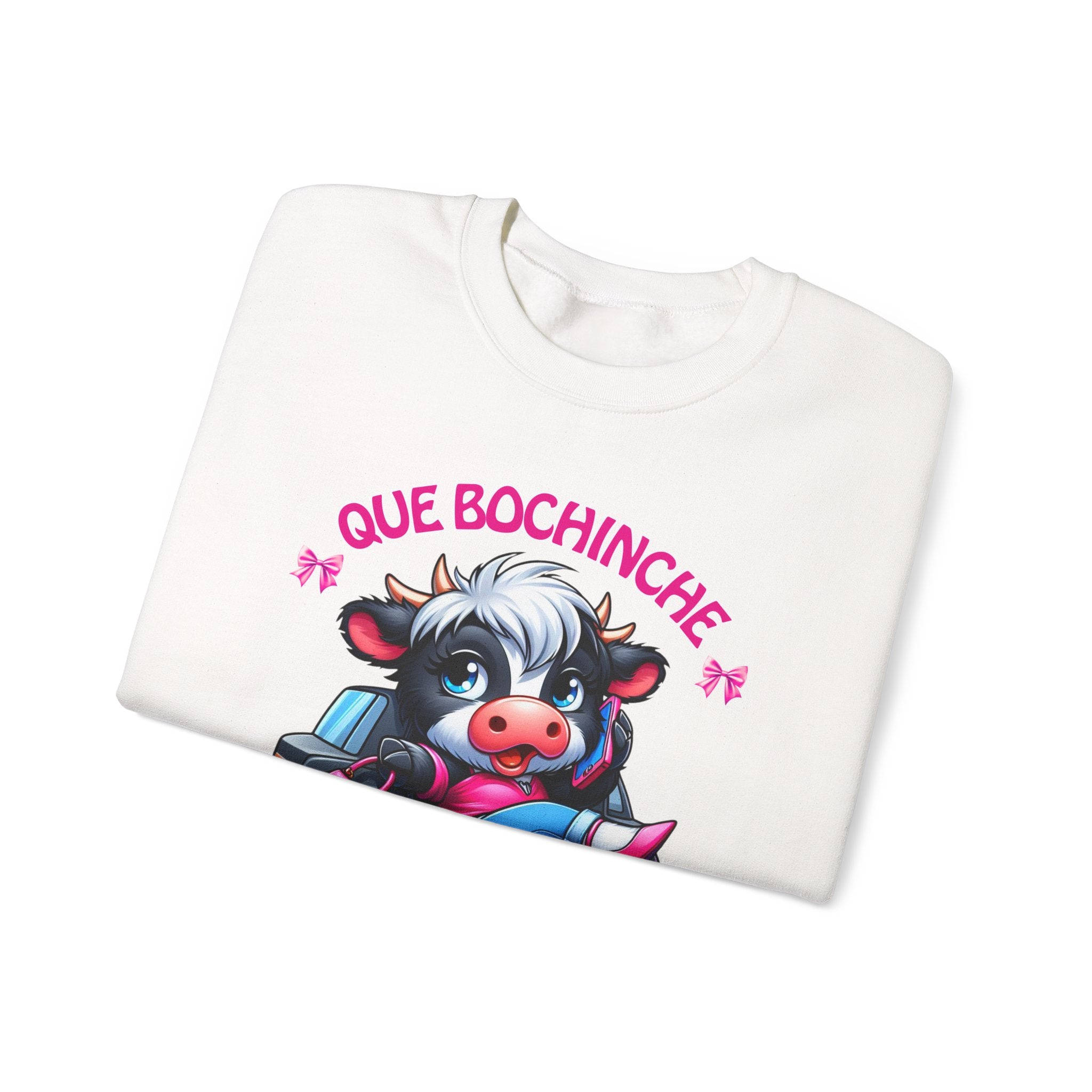 Que Bochincˊe Cow Sweatshirt — Cute Cartoon Cow Driving Graphic Crewneck