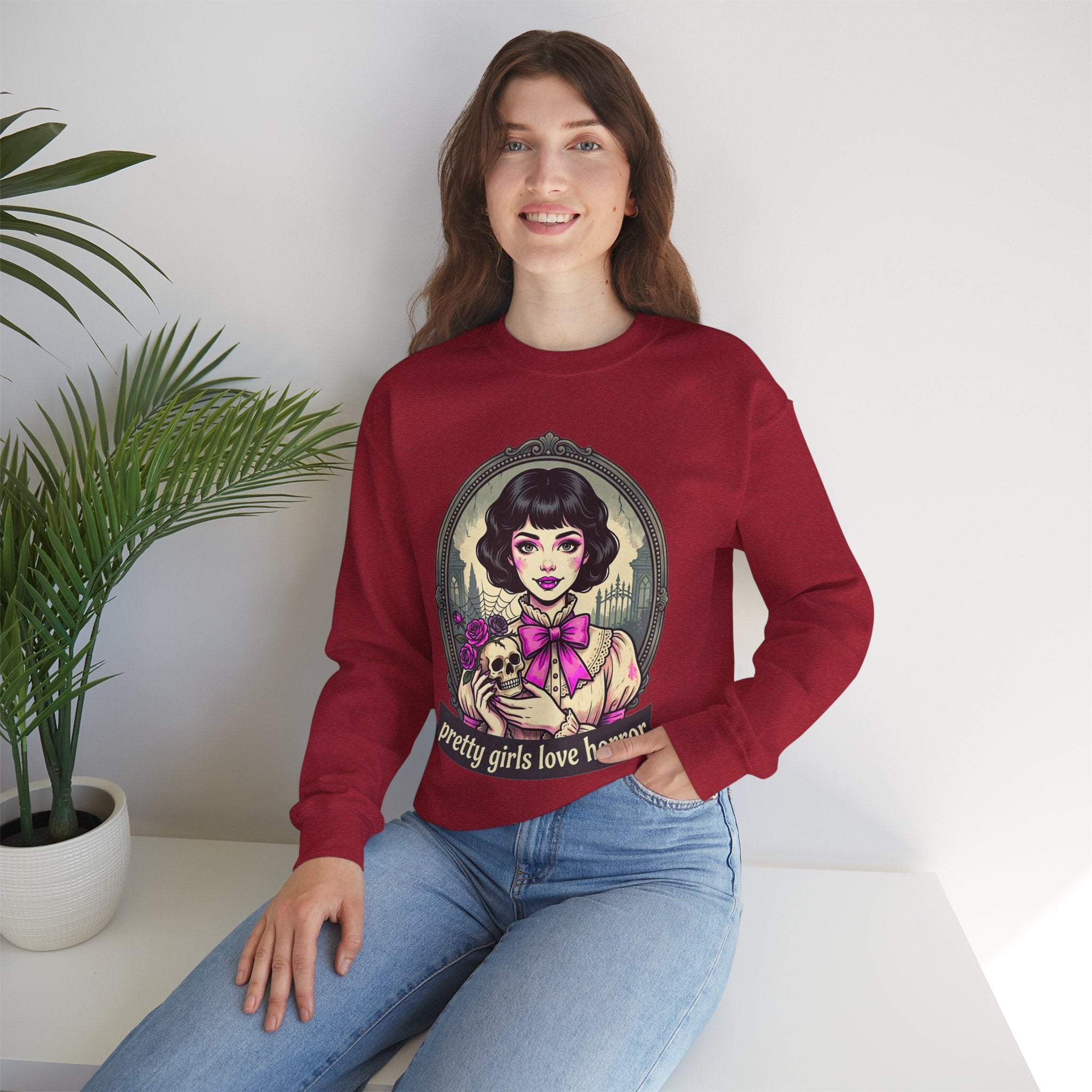 Horror Girl Crewneck Sweatshirt — "Pretty Girls Love Horror" Retro Goth Pullover