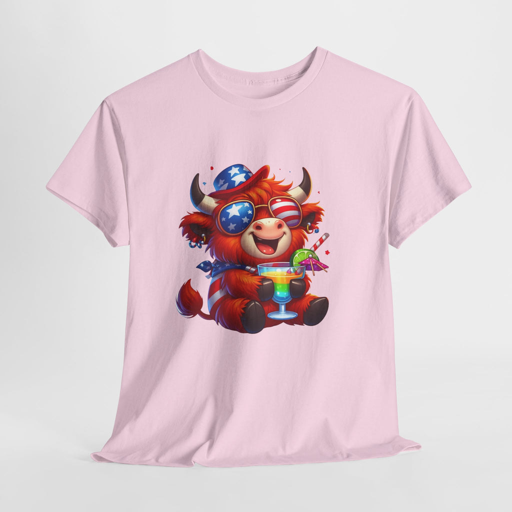 Cow Tee — Cute Patriotic Cow Holding Drink Graphic T‑Shirt