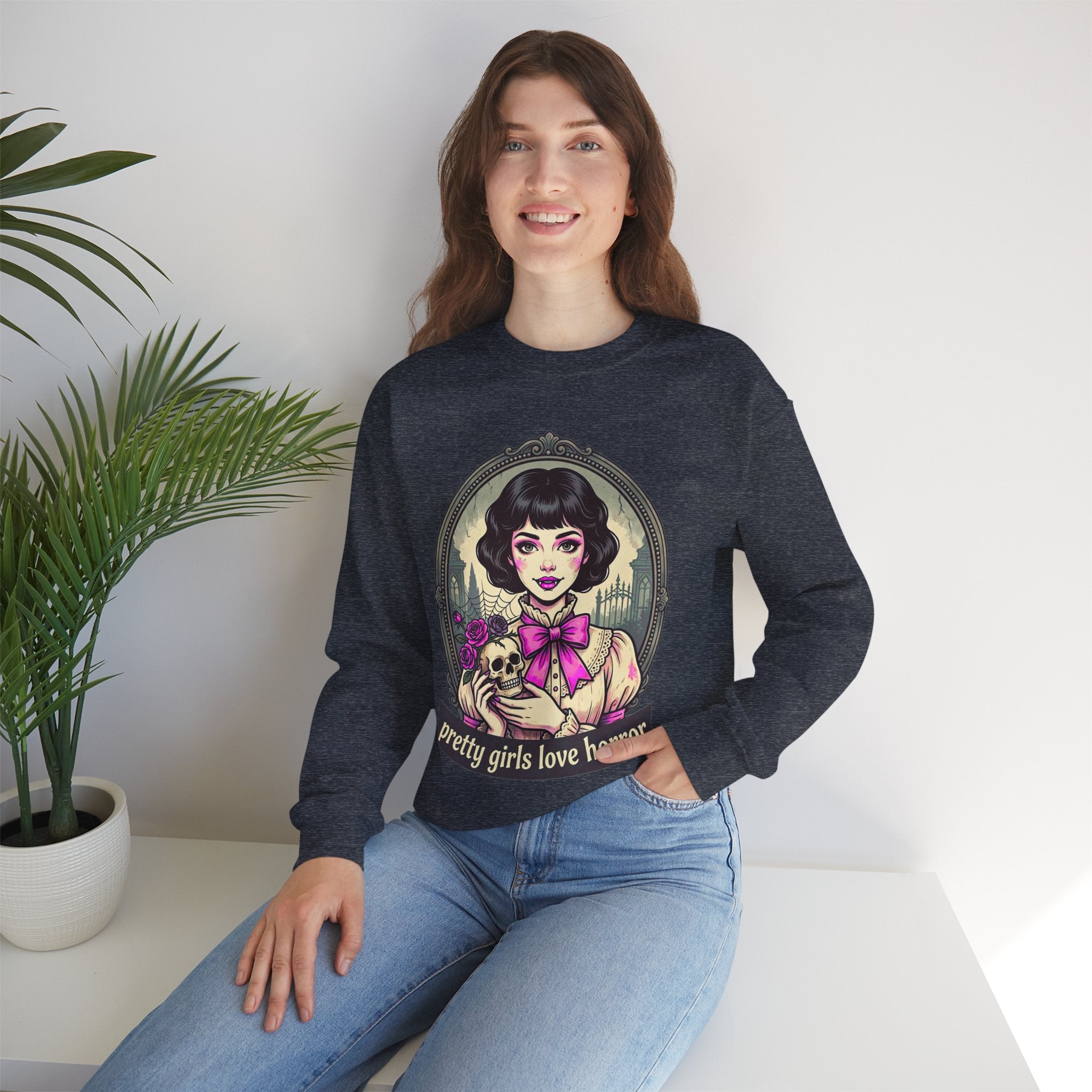 Horror Girl Crewneck Sweatshirt — "Pretty Girls Love Horror" Retro Goth Pullover