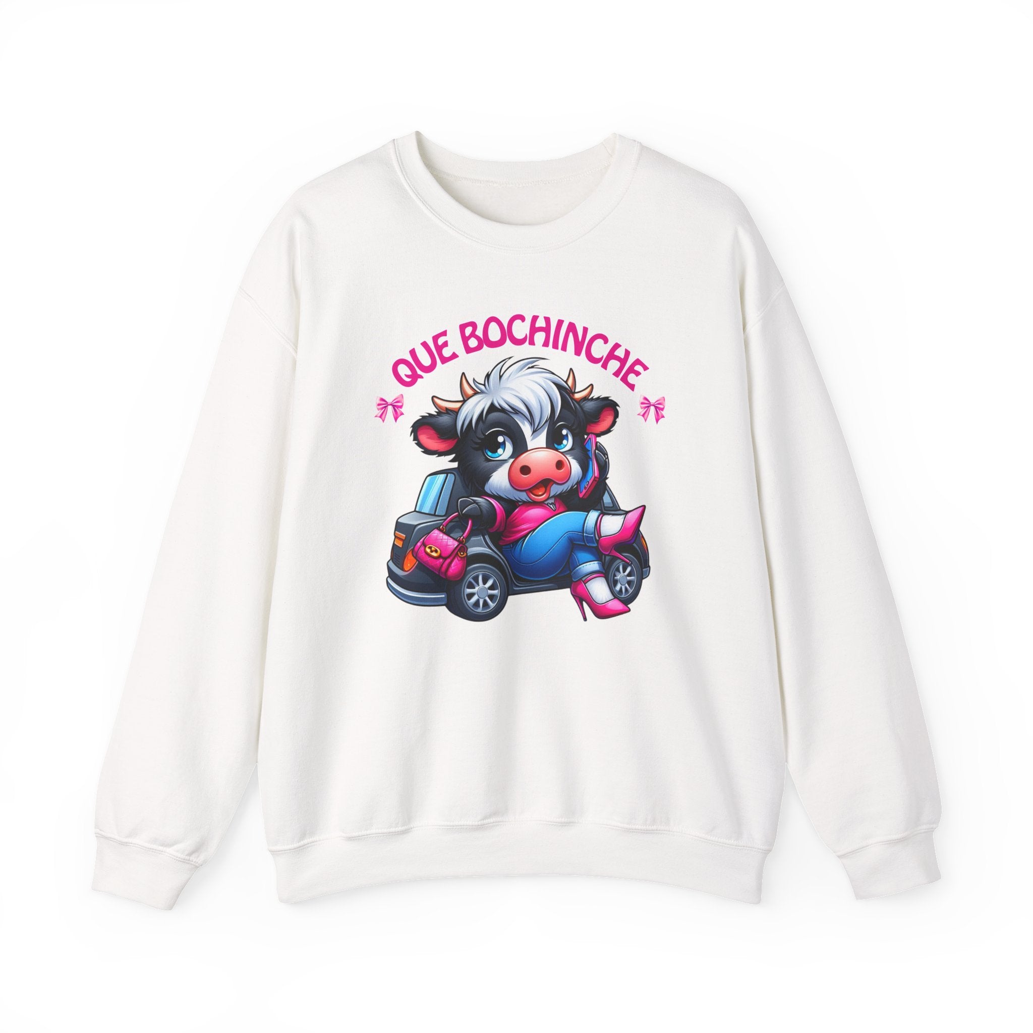 Que Bochincˊe Cow Sweatshirt — Cute Cartoon Cow Driving Graphic Crewneck