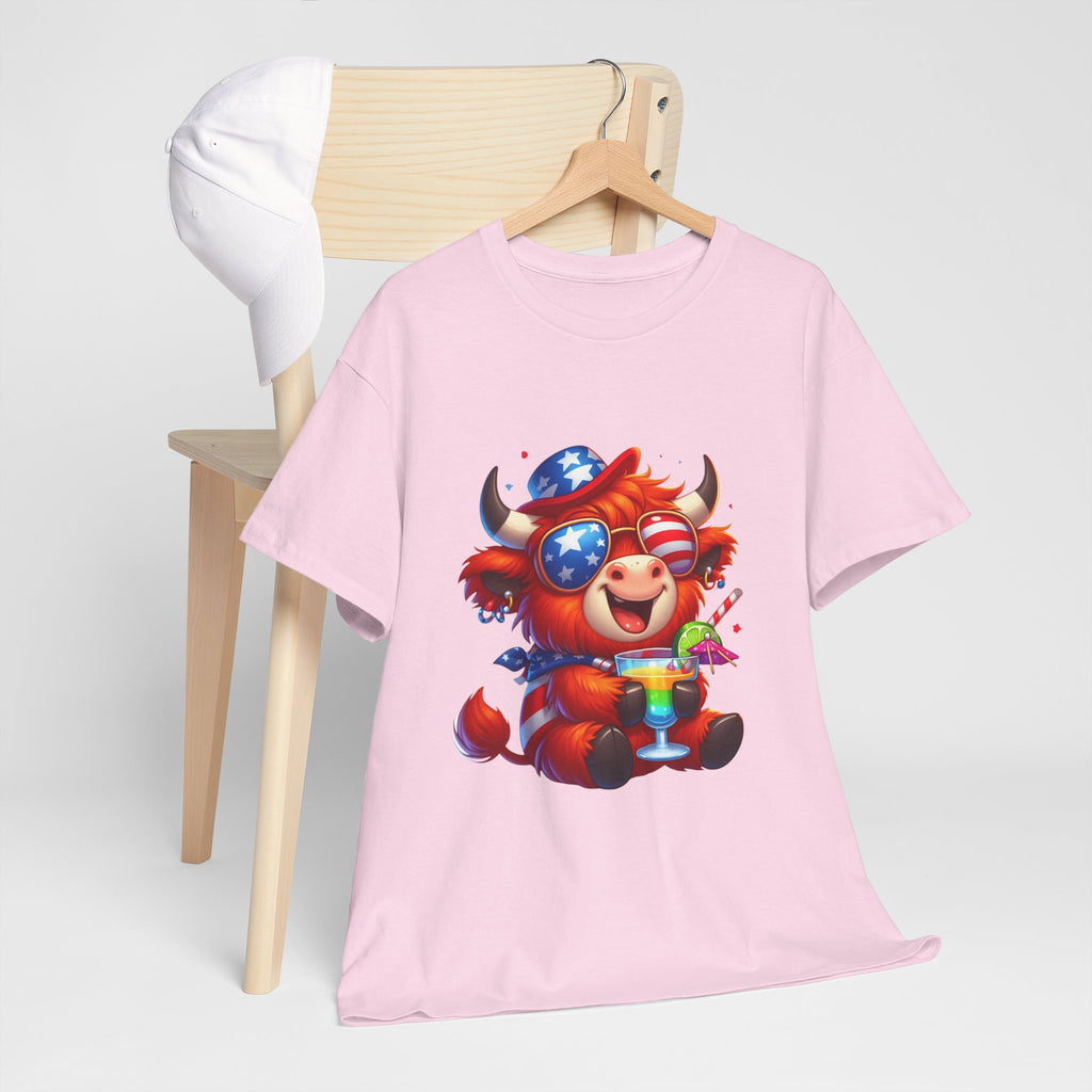Cow Tee — Cute Patriotic Cow Holding Drink Graphic T‑Shirt