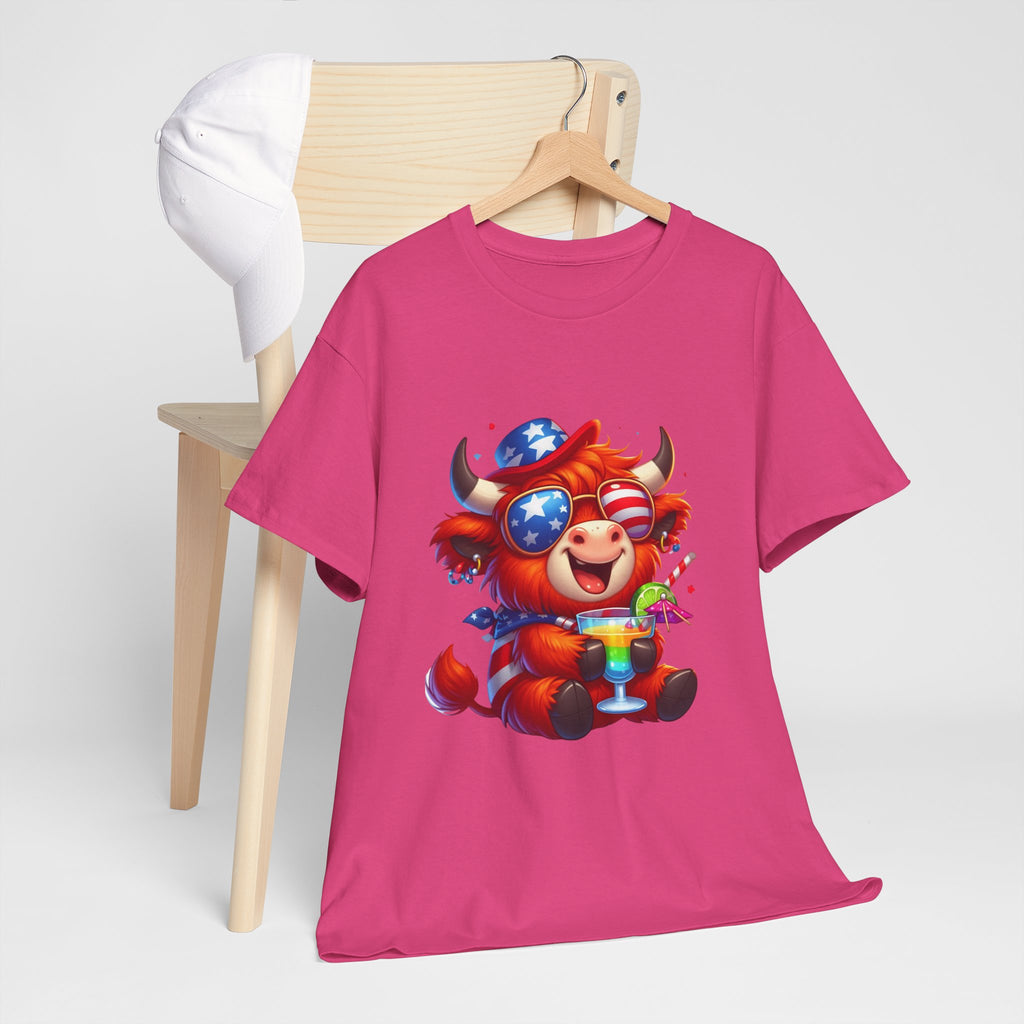 Cow Tee — Cute Patriotic Cow Holding Drink Graphic T‑Shirt