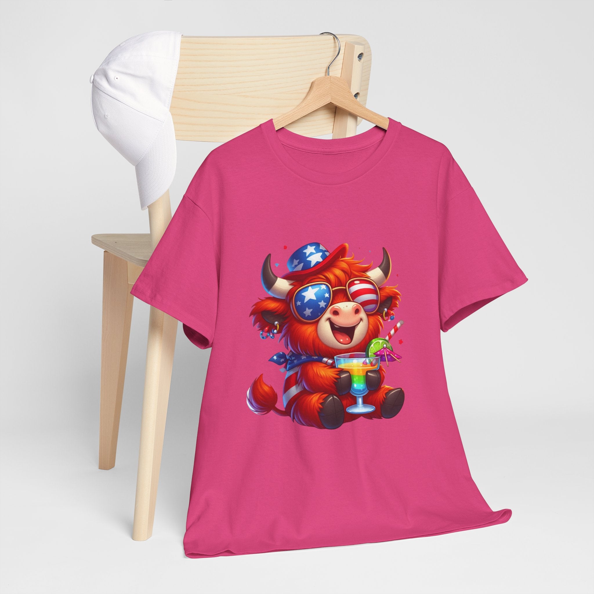 Cow Tee — Cute Patriotic Cow Holding Drink Graphic T‑Shirt