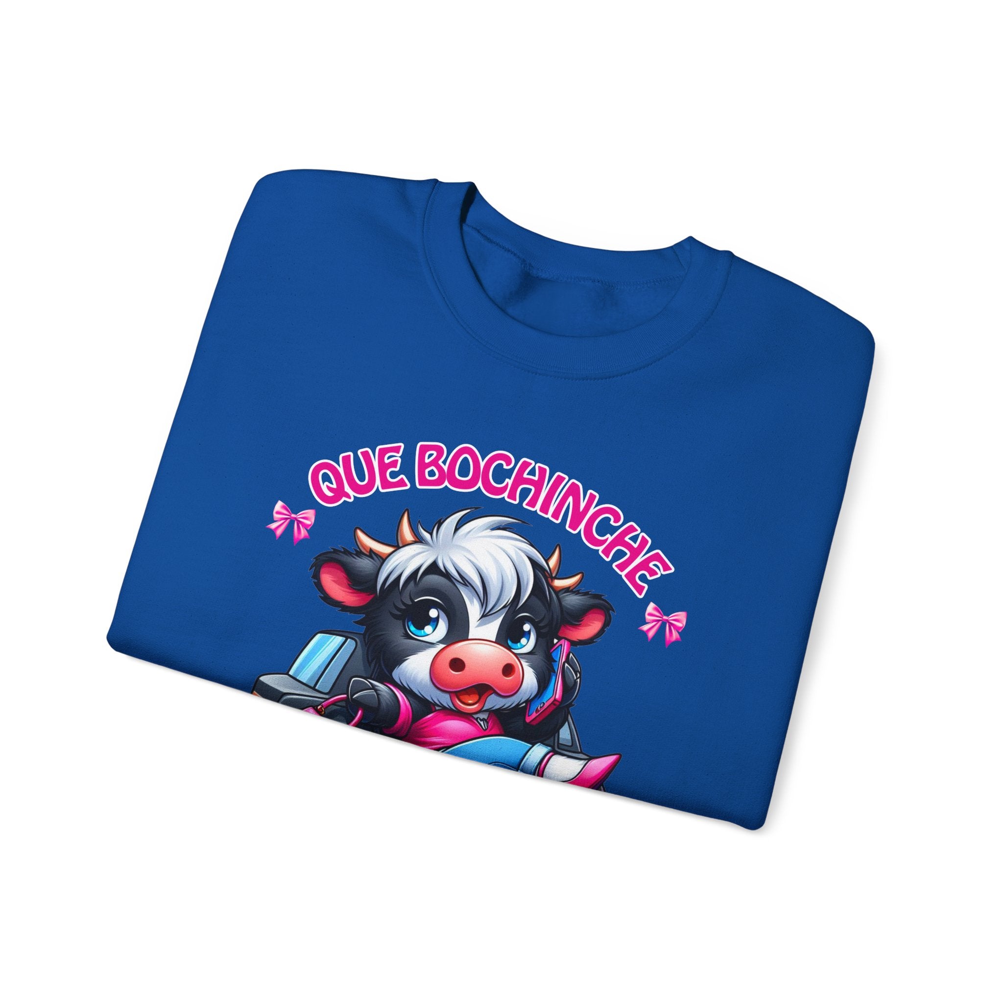 Que Bochincˊe Cow Sweatshirt — Cute Cartoon Cow Driving Graphic Crewneck
