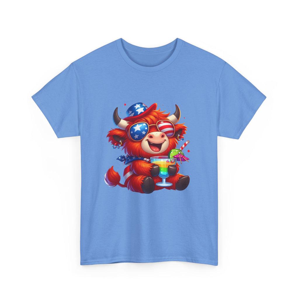 Cow Tee — Cute Patriotic Cow Holding Drink Graphic T‑Shirt