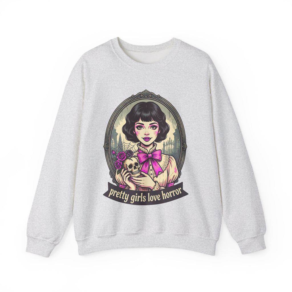 Horror Girl Crewneck Sweatshirt — "Pretty Girls Love Horror" Retro Goth Pullover