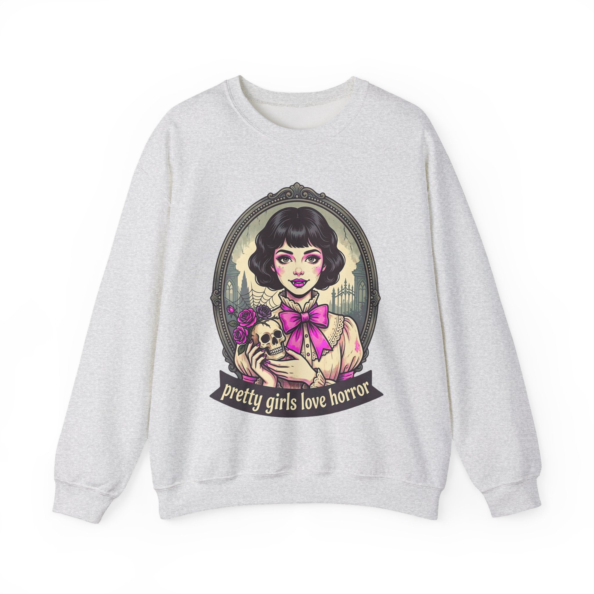 Horror Girl Crewneck Sweatshirt — "Pretty Girls Love Horror" Retro Goth Pullover