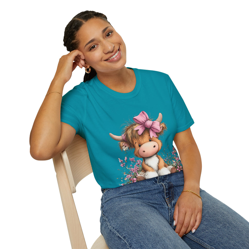 Cute Highland Cow Tee — Pink Bow Calf T-Shirt