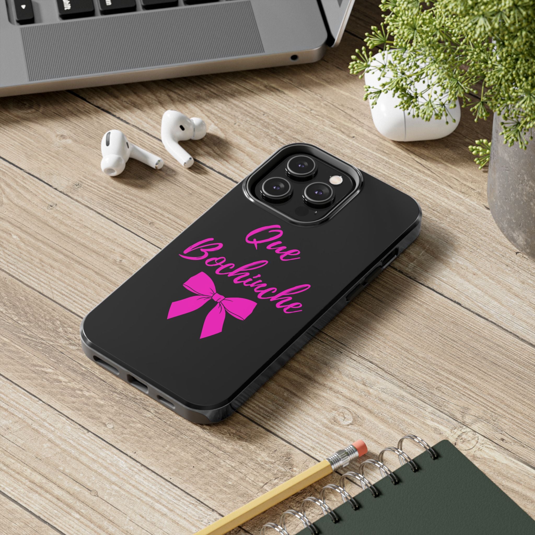 Que Bochinche Phone Case — Pink Script & Bow Tough Protective Cover