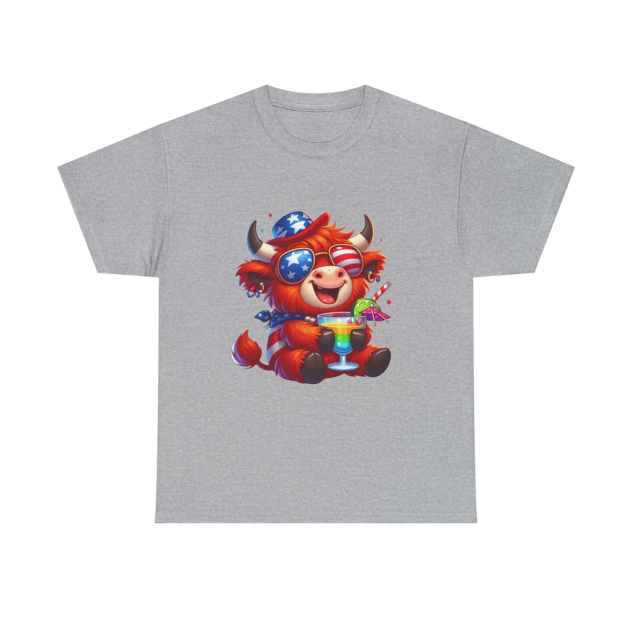 Cow Tee — Cute Patriotic Cow Holding Drink Graphic T‑Shirt