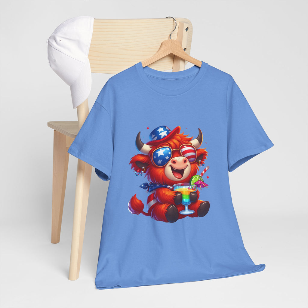Cow Tee — Cute Patriotic Cow Holding Drink Graphic T‑Shirt