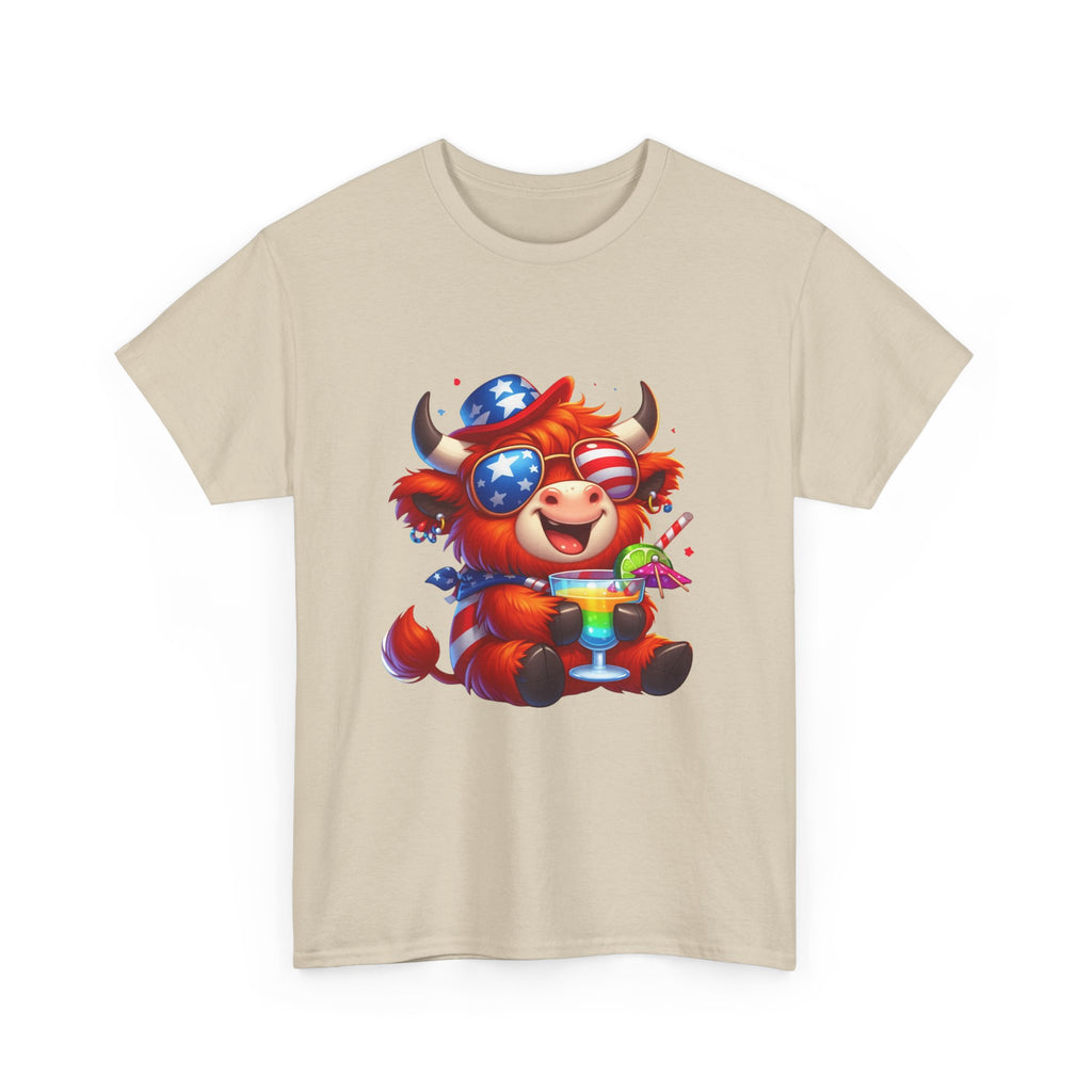 Cow Tee — Cute Patriotic Cow Holding Drink Graphic T‑Shirt