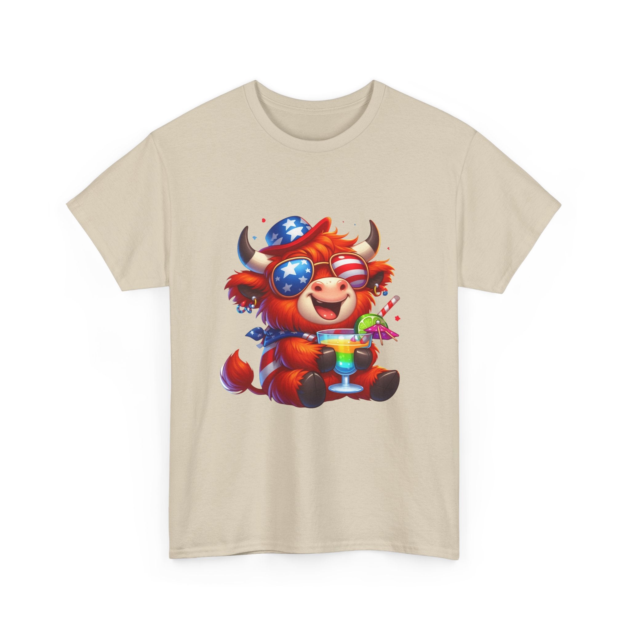 Cow Tee — Cute Patriotic Cow Holding Drink Graphic T‑Shirt