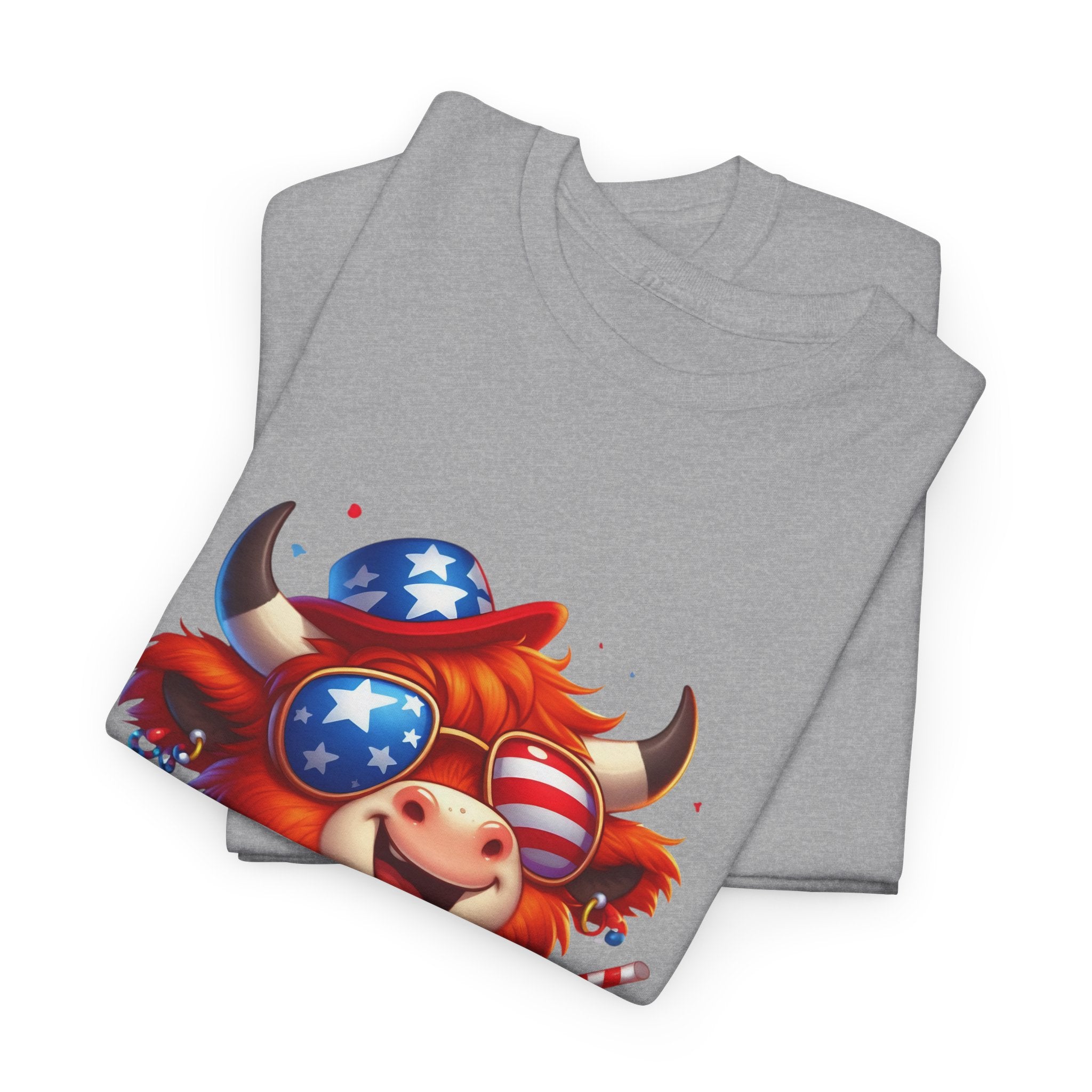 Cow Tee — Cute Patriotic Cow Holding Drink Graphic T‑Shirt