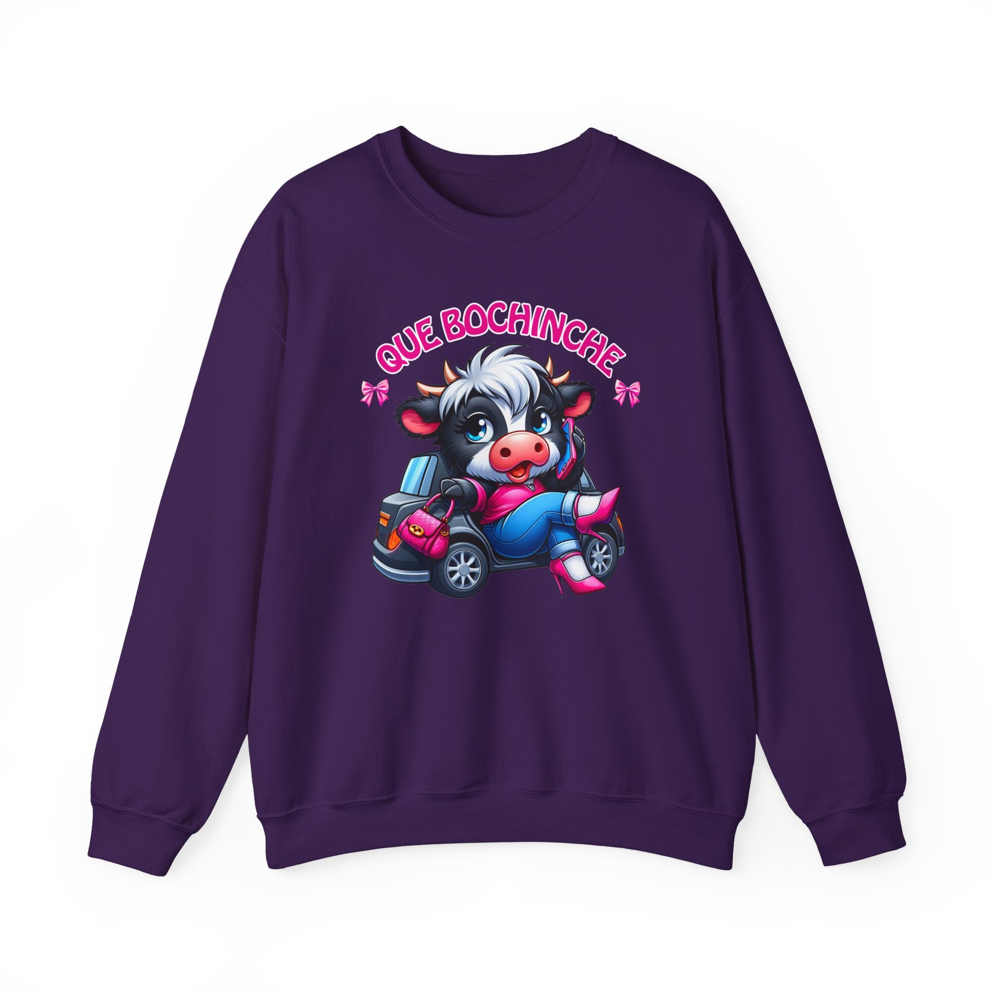 Que Bochincˊe Cow Sweatshirt — Cute Cartoon Cow Driving Graphic Crewneck