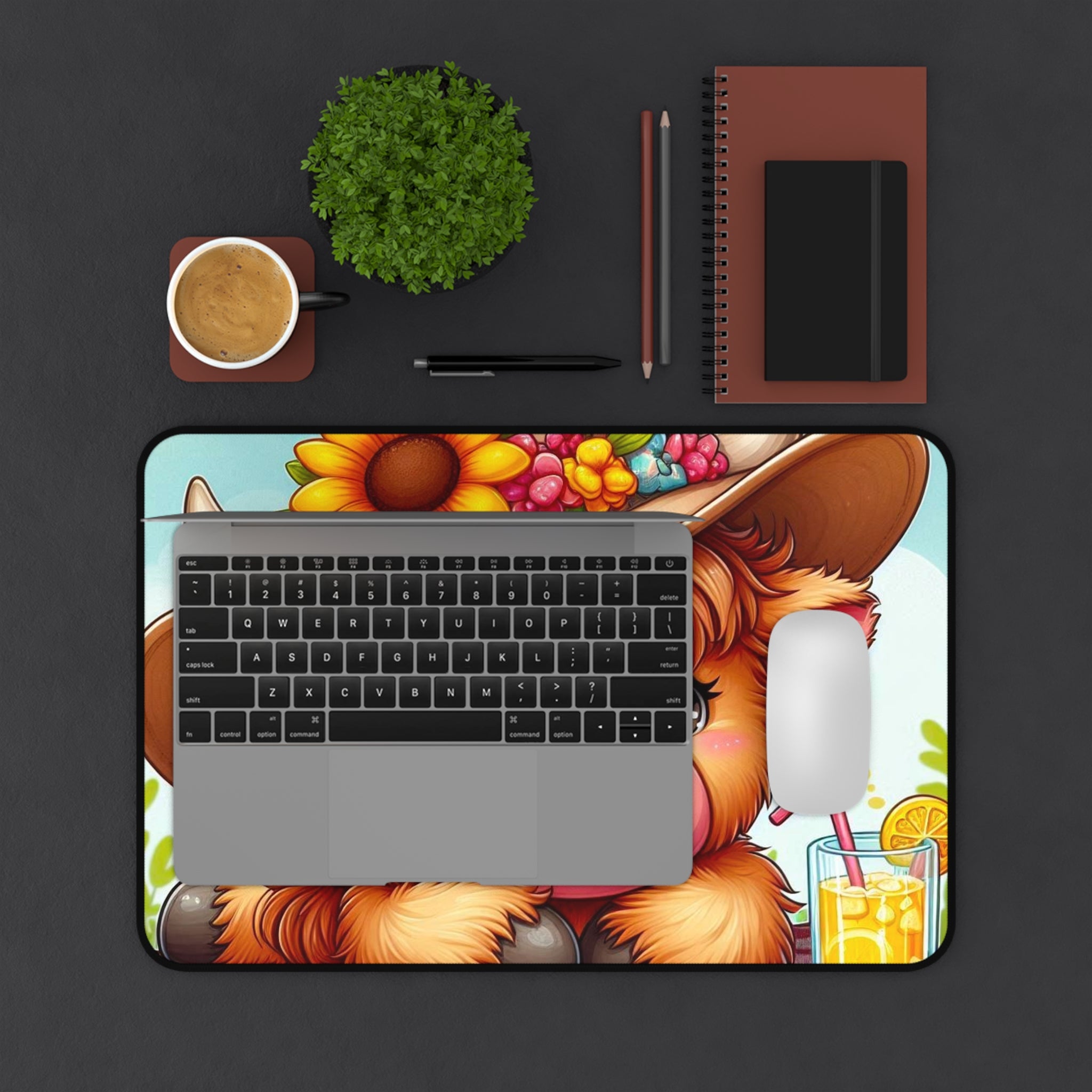 Cute Highland Cow Desk Mat — Floral Sunflower Hat Mousepad for Farm Animal Lovers