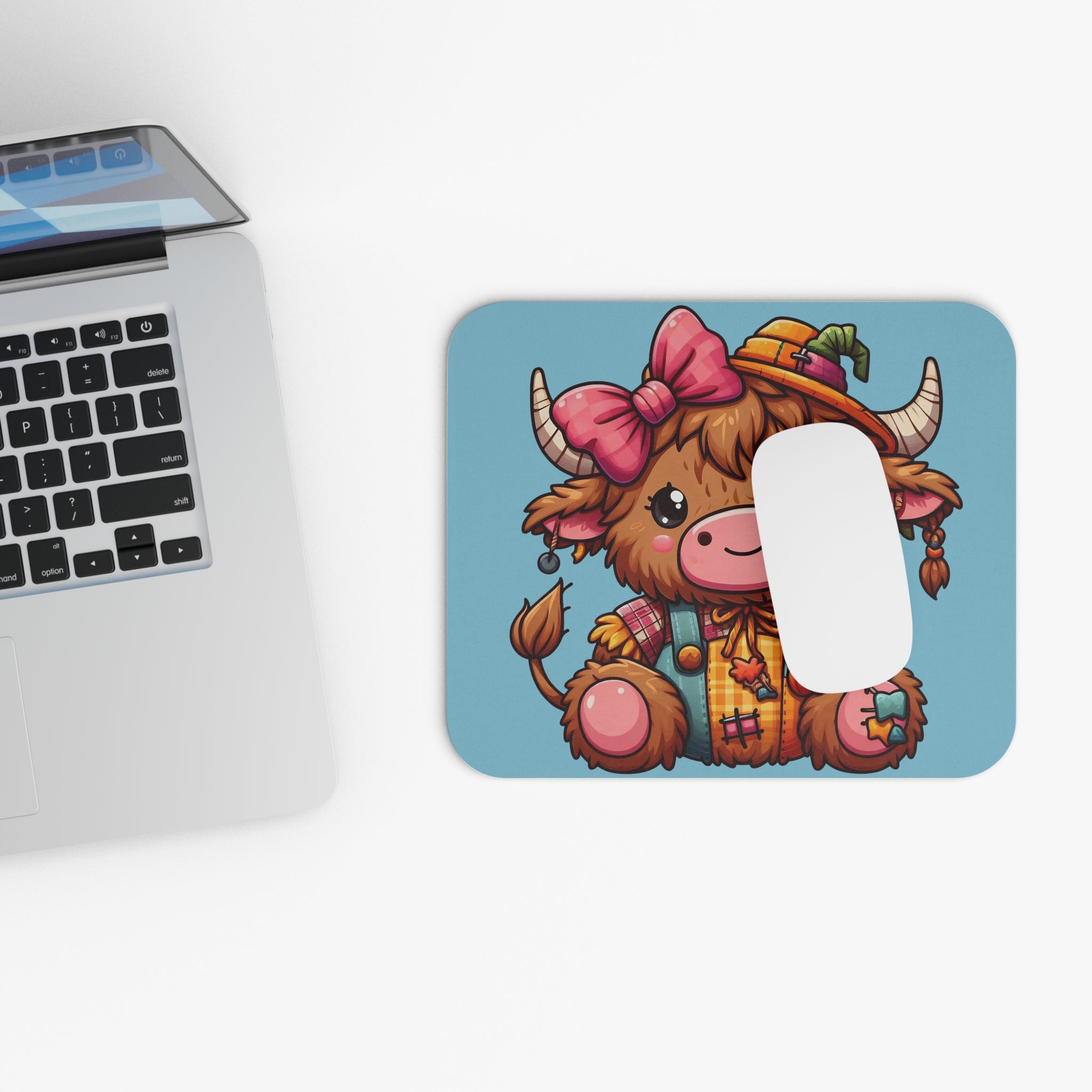 Cute Highland Cow Mouse Pad — Pastel Autumn Scarecrow Design