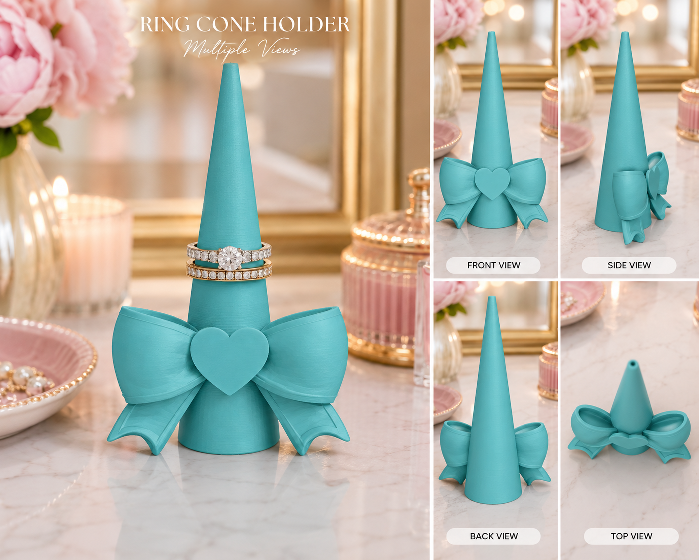 Heart bow ring cone holder multiple views - front, side, back, top