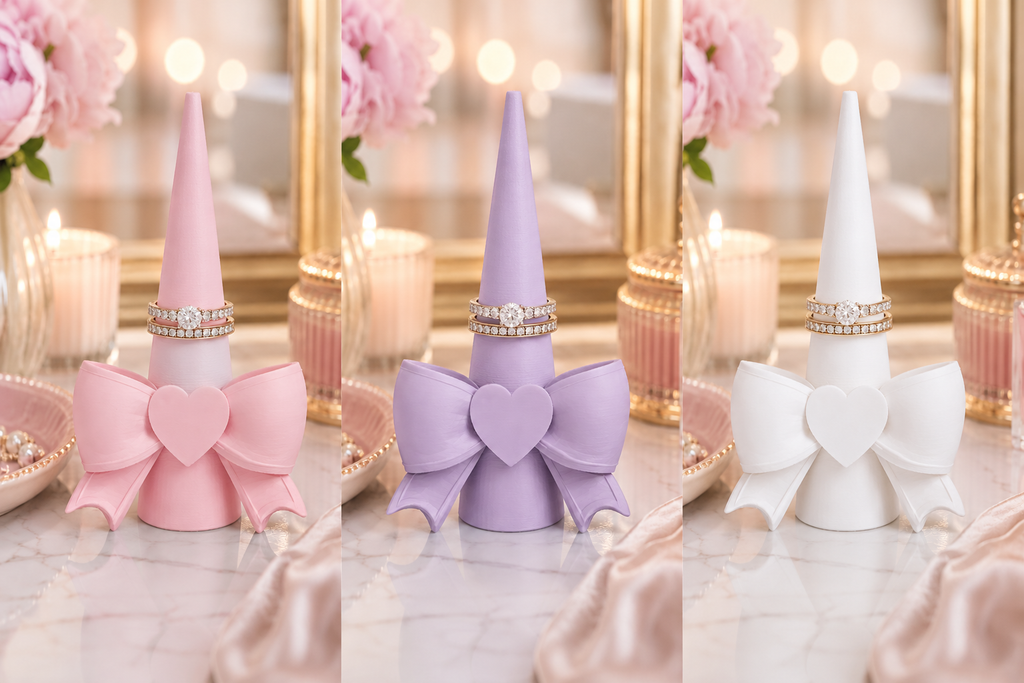 Heart bow ring cone holder in pink, lavender, and white color options