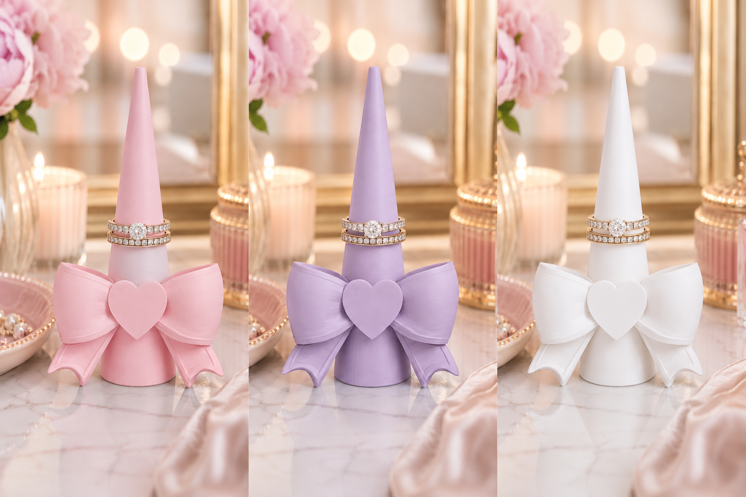 Heart bow ring cone holder in pink, lavender, and white color options