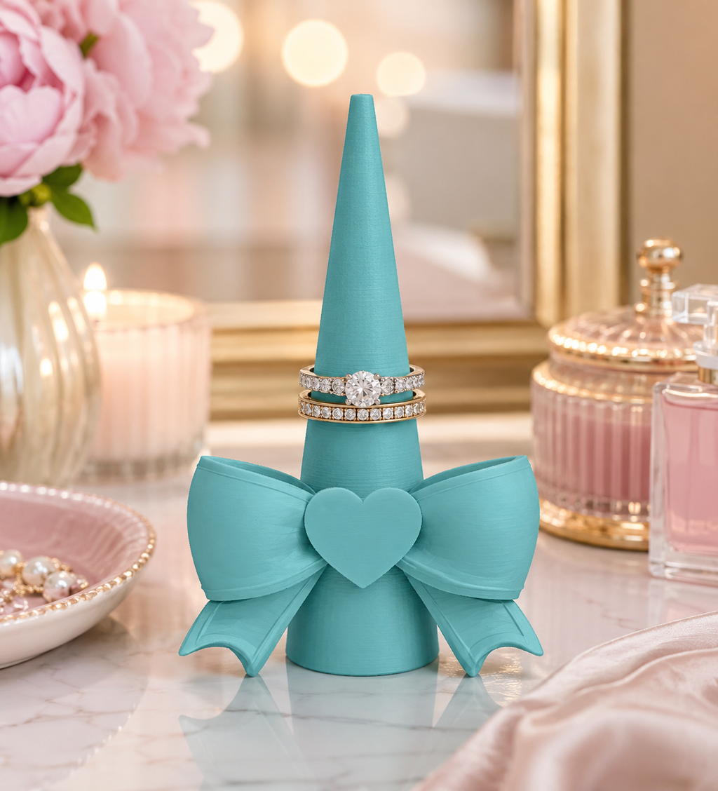 Teal heart bow ring cone holder with rings on vanity