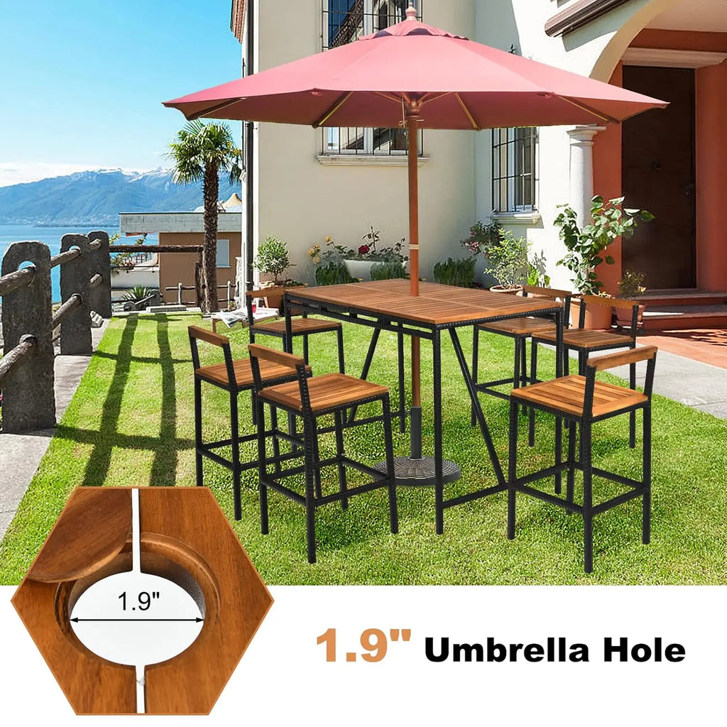 7-Piece Patio Bar Table Set with Umbrella Hole – Acacia Wood & PE Wicker High-Dining Bistro Set