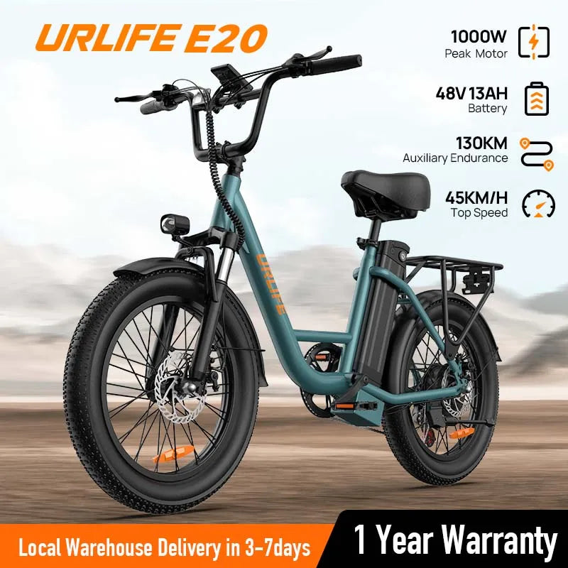 URLIFE 1000W E20 Electric Bike | 48V 13Ah Removable Battery, 28MPH, 20"x3" Fat Tire, 7-Speed E-Bike with Dual Disc Brake