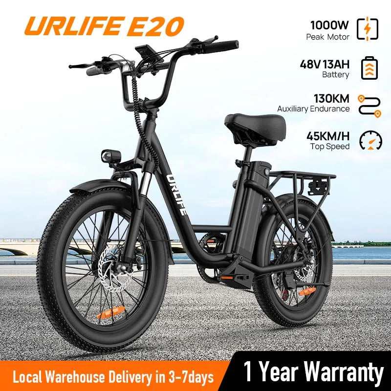 URLIFE 1000W E20 Electric Bike | 48V 13Ah Removable Battery, 28MPH, 20"x3" Fat Tire, 7-Speed E-Bike with Dual Disc Brake