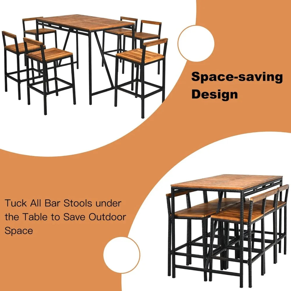 7-Piece Patio Bar Table Set with Umbrella Hole – Acacia Wood & PE Wicker High-Dining Bistro Set
