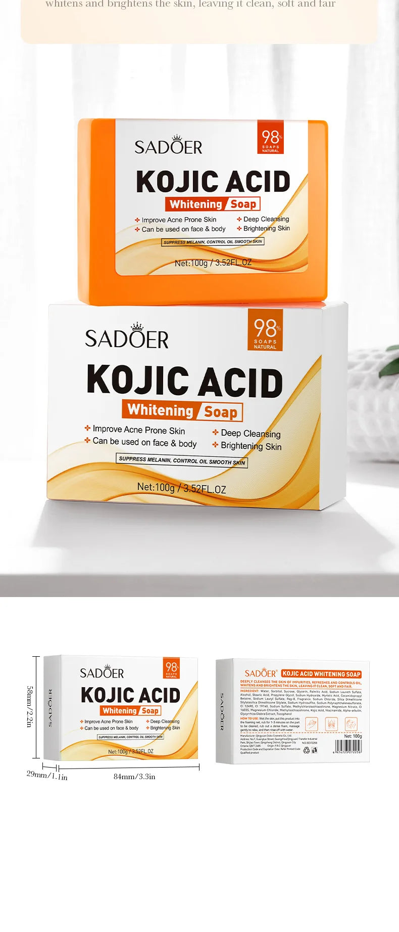 SADOER Kojic Acid Facial Soap – Brightening Face Wash & Body Bar