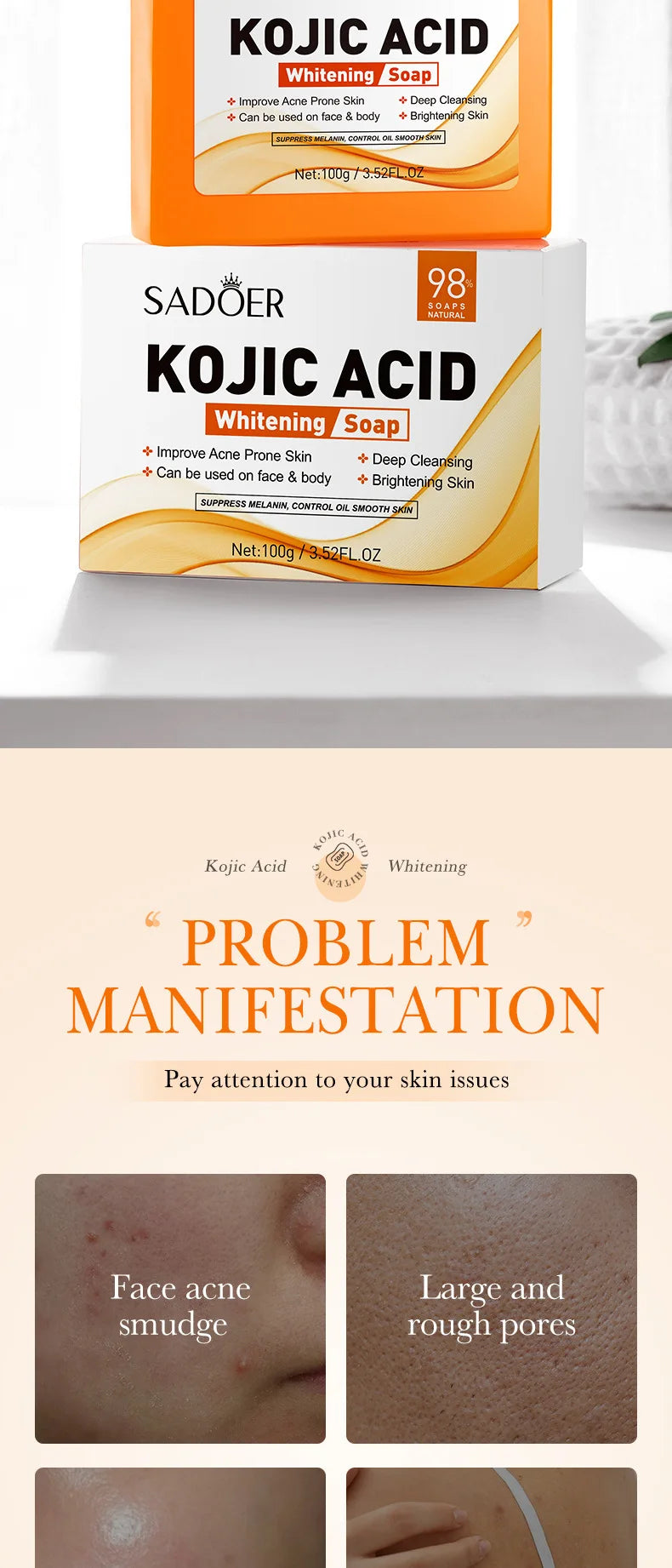 SADOER Kojic Acid Facial Soap – Brightening Face Wash & Body Bar