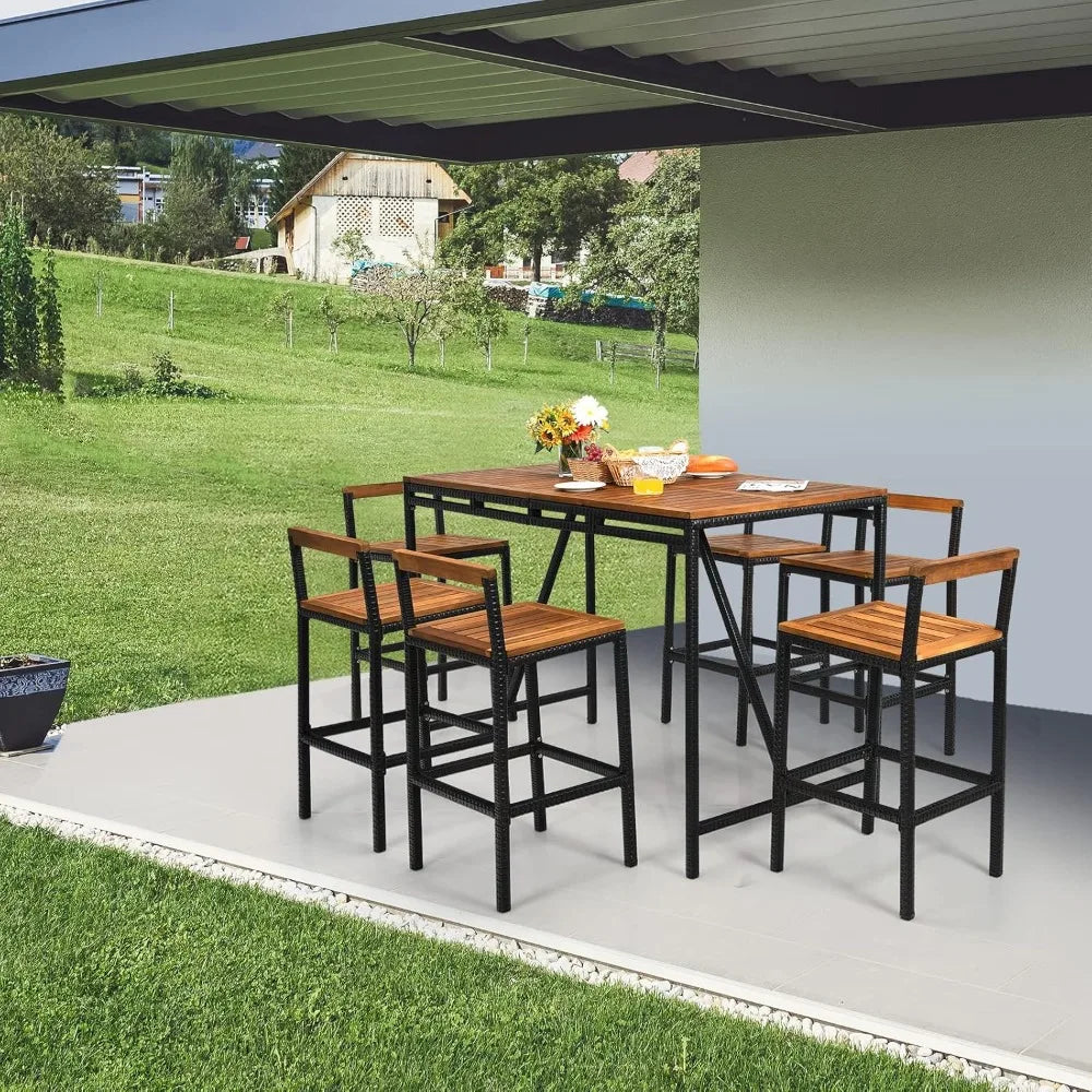 7-Piece Patio Bar Table Set with Umbrella Hole – Acacia Wood & PE Wicker High-Dining Bistro Set