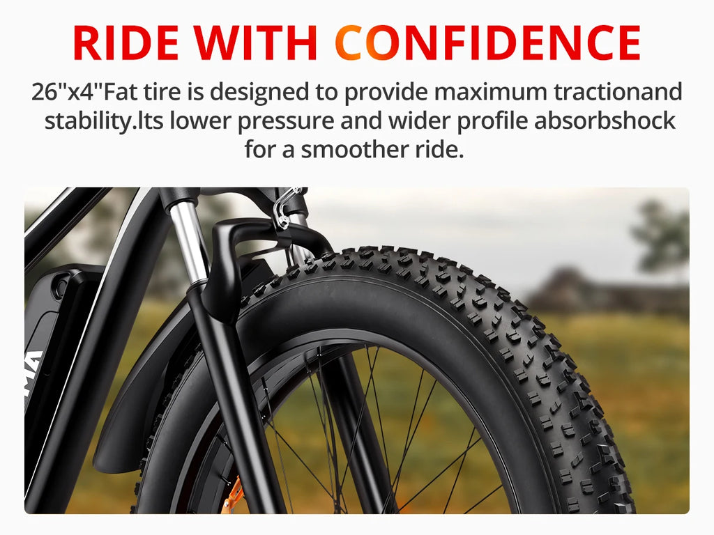 AMYET EB26 Electric Bike | 1500W Peak | 28MPH | 60-Mile Range | Fat Tire All-Terrain