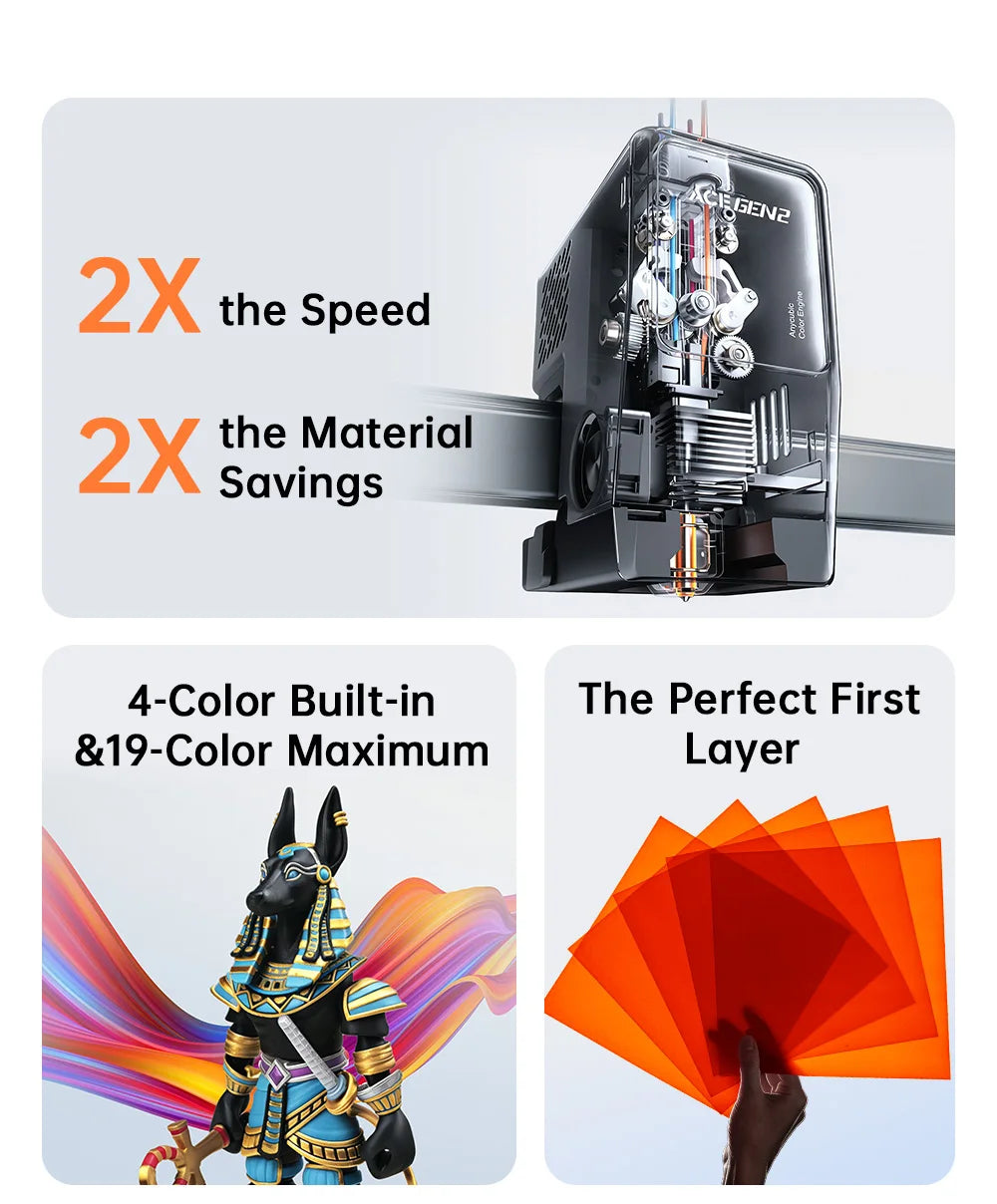 ANYCUBIC Kobra X 3D Printer ACE GEN2 Multi-color Printing 2X Speed & Material Savings 4-Color Built-in Smart Remote Control