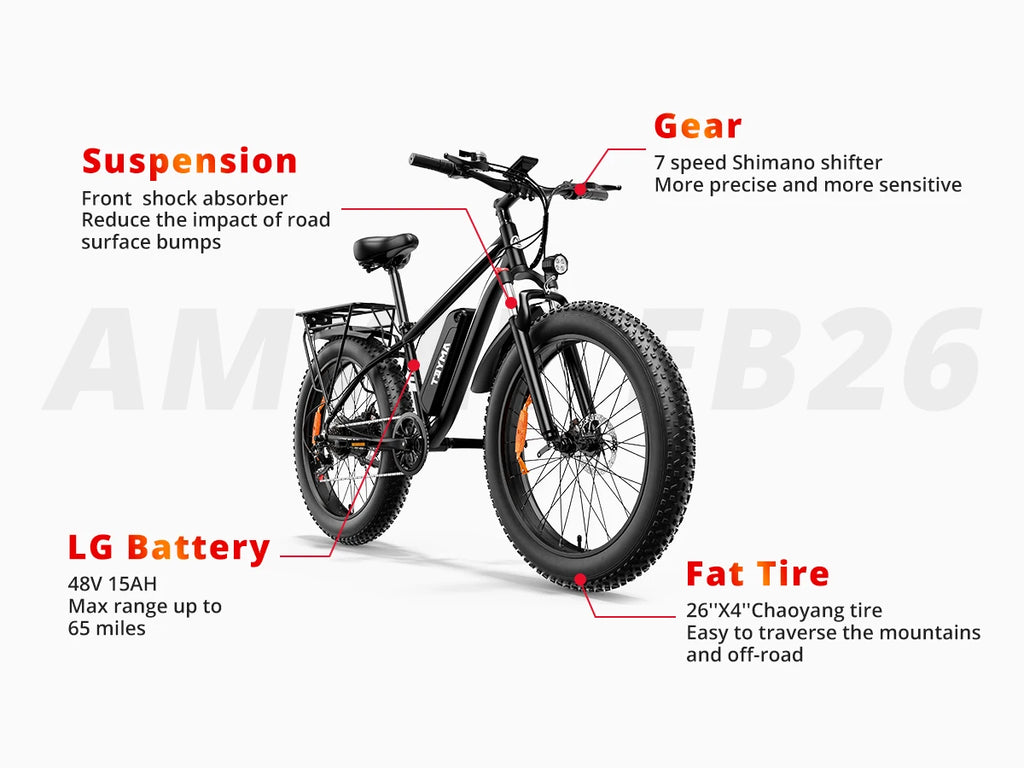 AMYET EB26 Electric Bike | 1500W Peak | 28MPH | 60-Mile Range | Fat Tire All-Terrain