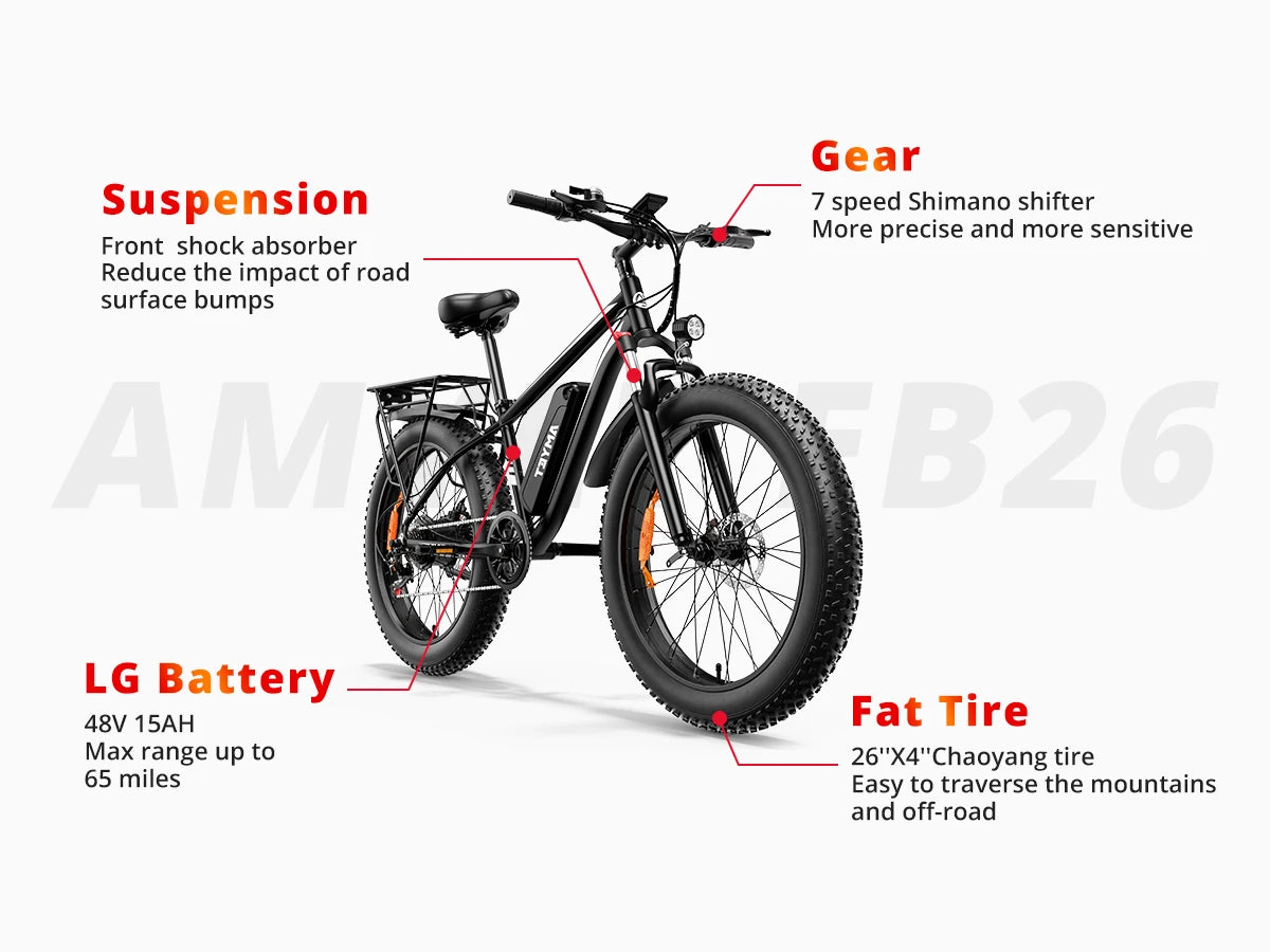 AMYET EB26 Electric Bike | 1500W Peak | 28MPH | 60-Mile Range | Fat Tire All-Terrain