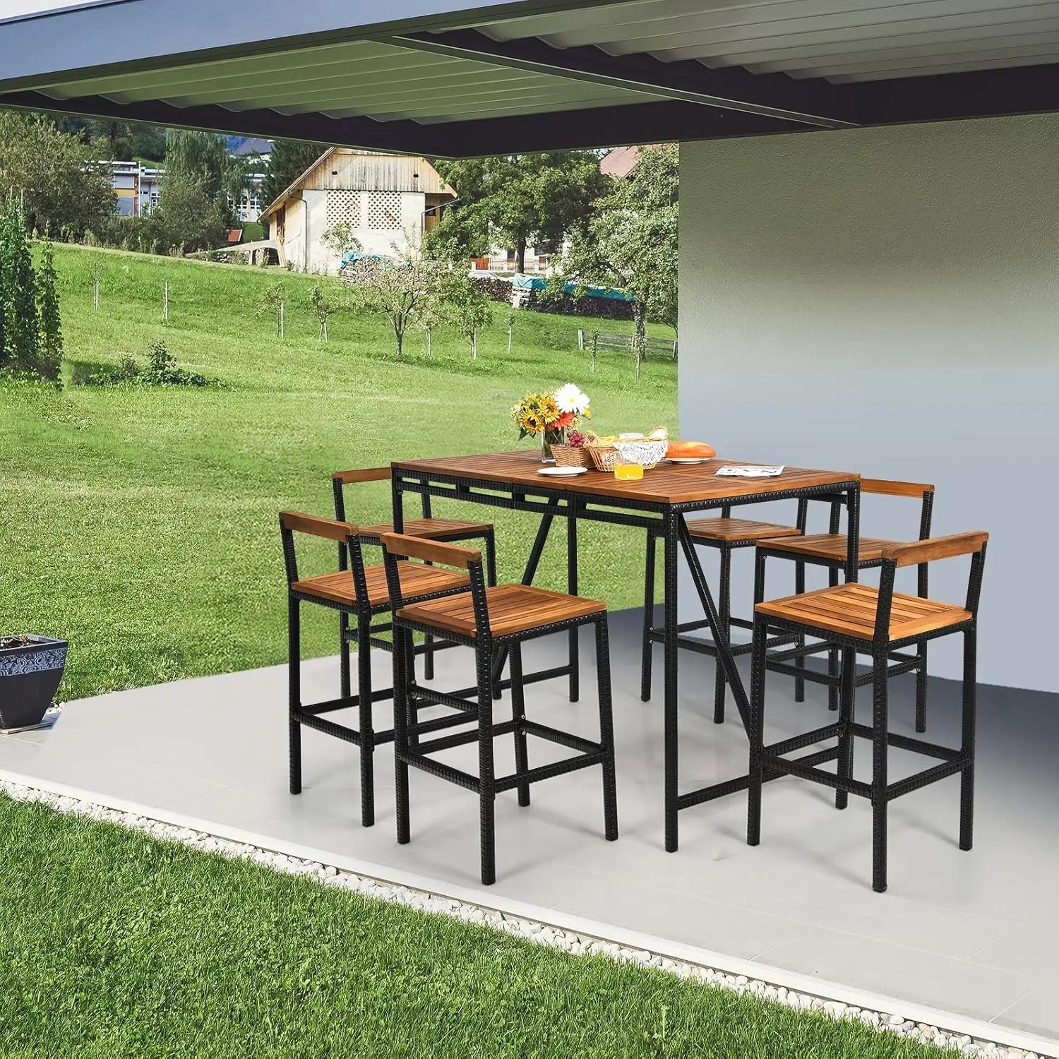 7-Piece Patio Bar Table Set with Umbrella Hole – Acacia Wood & PE Wicker High-Dining Bistro Set