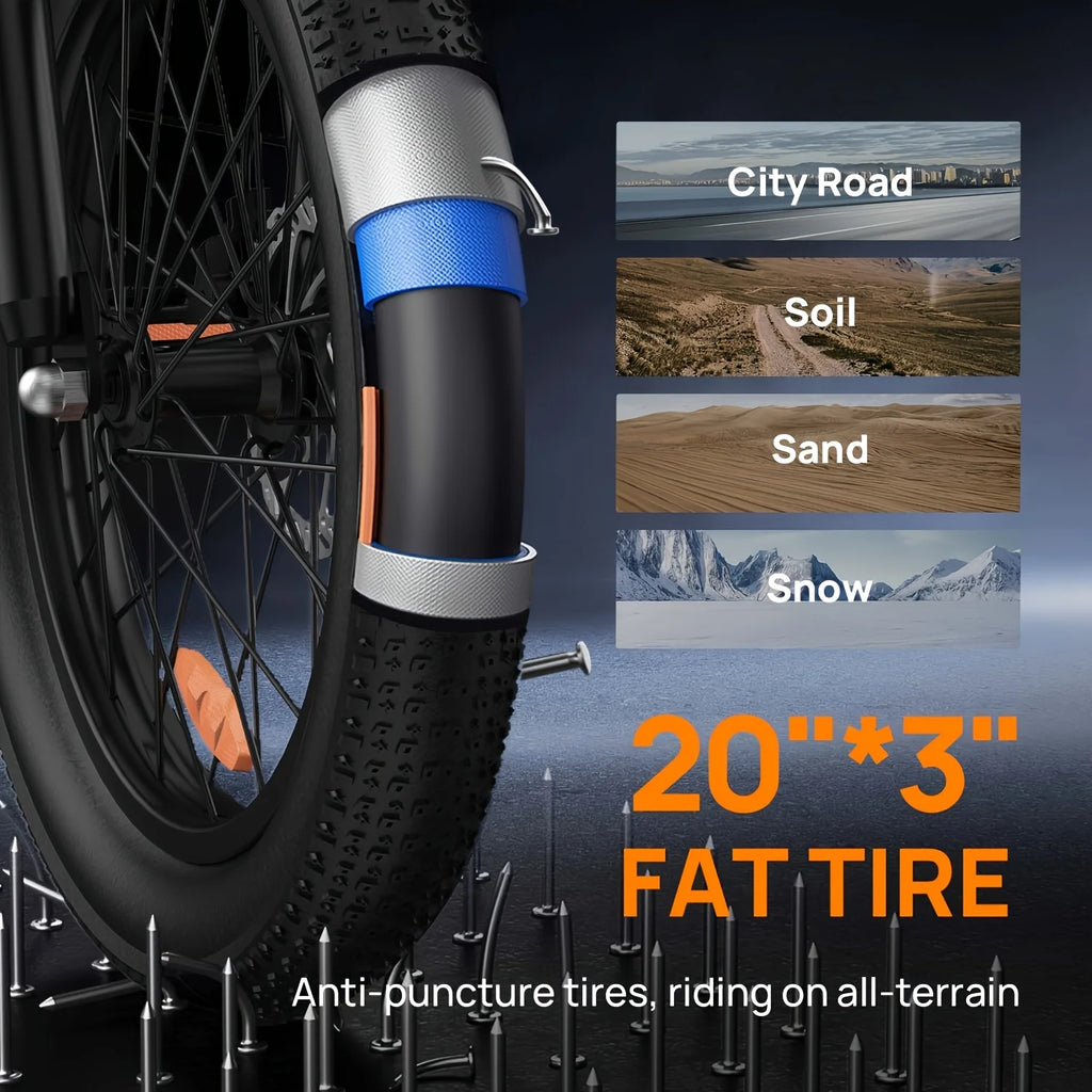 URLIFE 1000W E20 Electric Bike | 48V 13Ah Removable Battery, 28MPH, 20"x3" Fat Tire, 7-Speed E-Bike with Dual Disc Brake